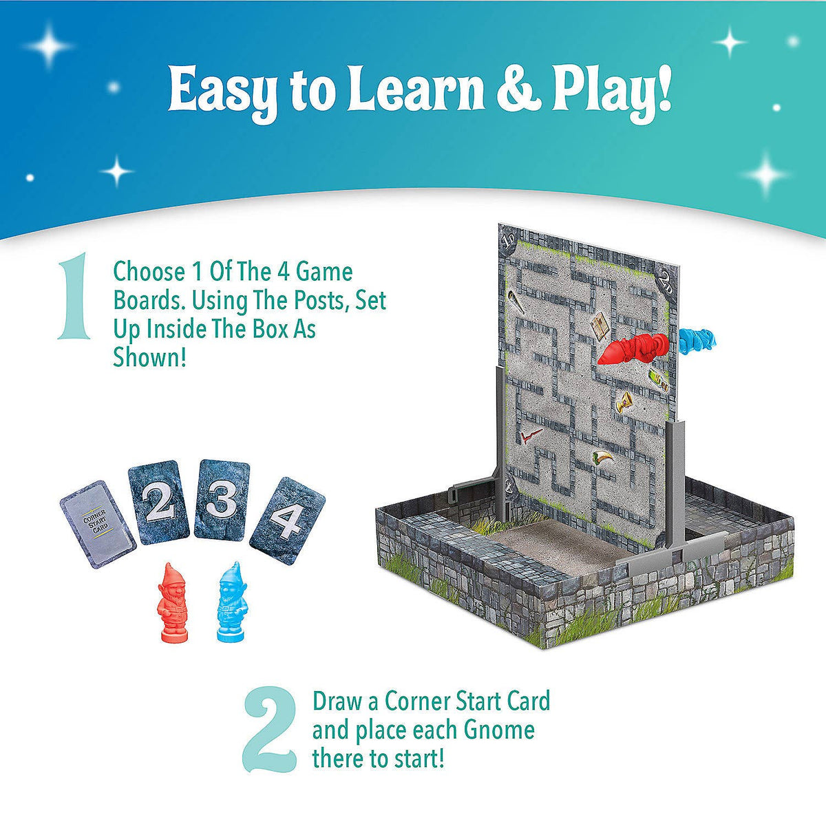 An instructional graphic for a children's board game showing how to set up the game board and pieces. The image includes text instructions, four game boards, and two gnomes (one red, one blue) on a white background with a teal header that reads 'Easy to Learn & Play!'.