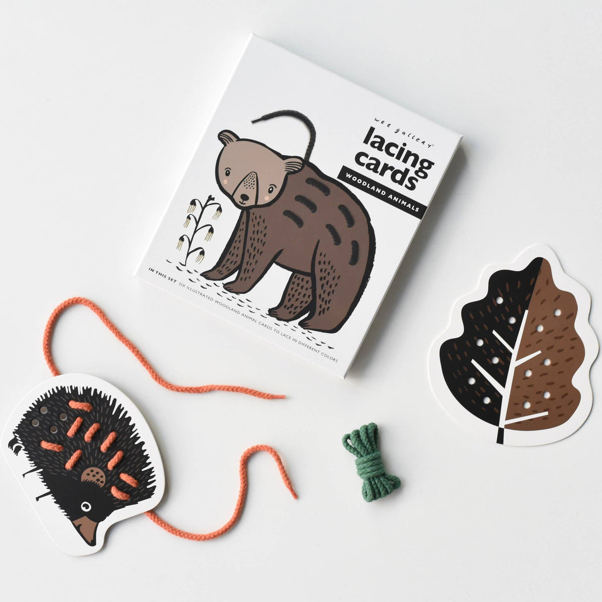 Lacing cards with animal illustrations and laces on a white background