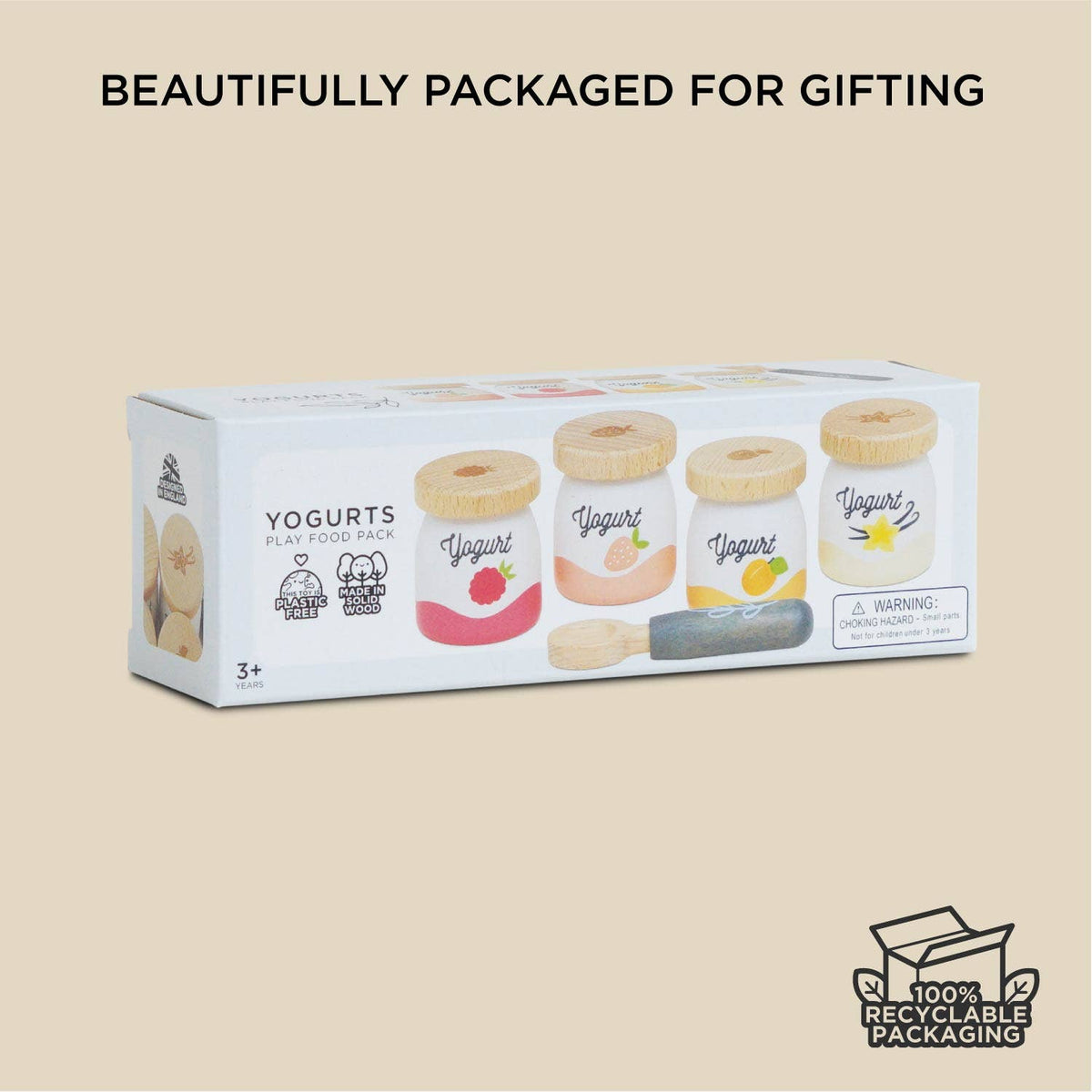 Packaged yogurt toys with a beige background and recyclable packaging label.