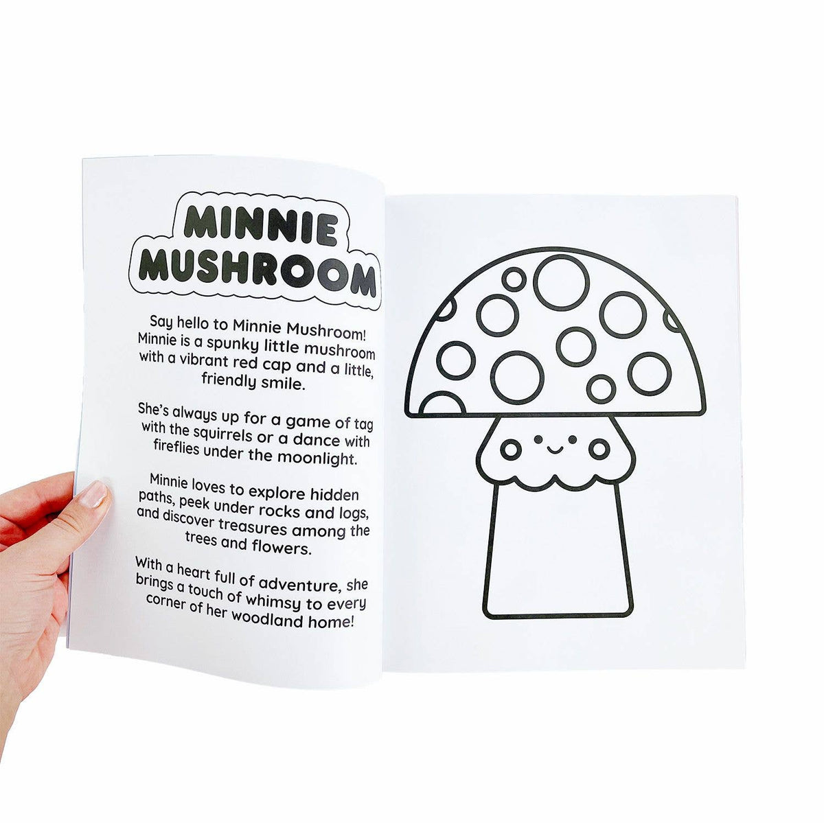 Coloring book page with a mushroom illustration and text.