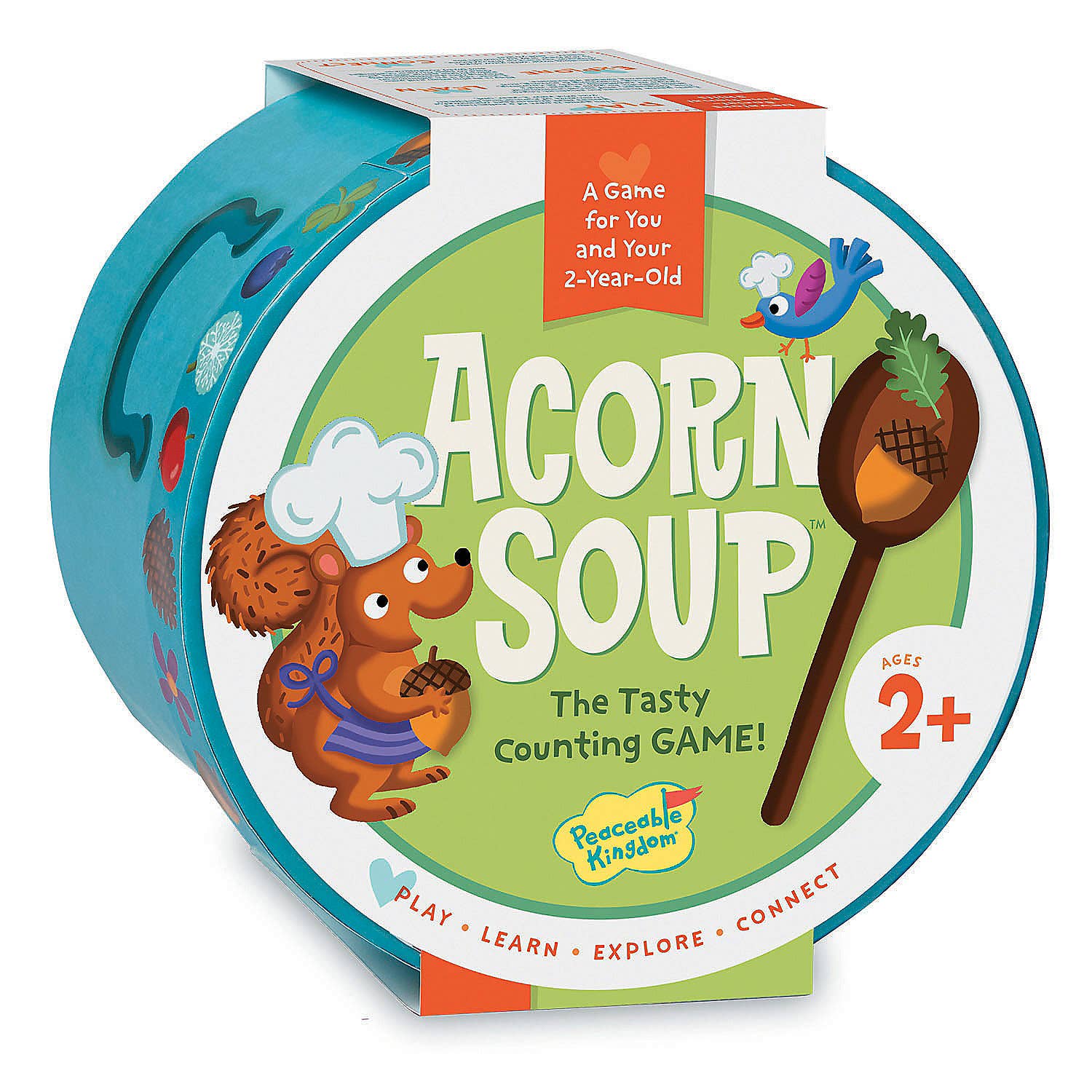 Children's game box titled 'Acorn Soup' with a bear character and wooden spoon illustration on a white background.