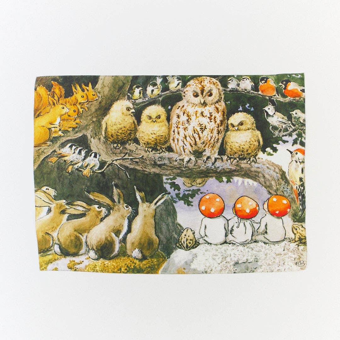 A square art print  featuring a whimsical woodland illustration with an owl, rabbits, squirrels, birds, mushrooms, and three figures with orange mushroom-shaped heads, shown against a plain white background.