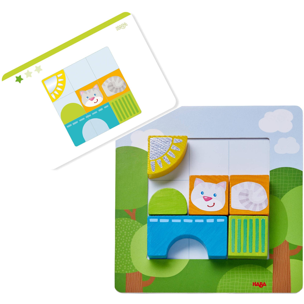 Children's educational toy with colorful blocks and cards on a white background