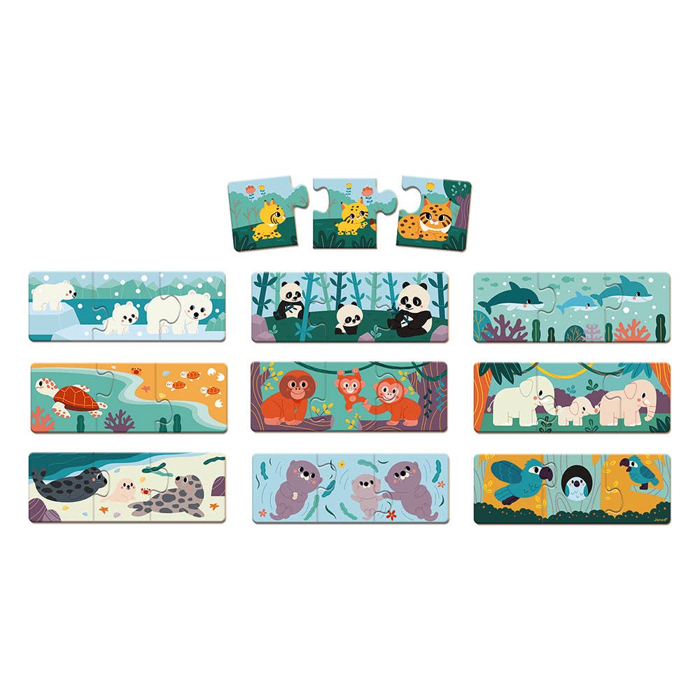 Jigsaw puzzle packaging with animal illustrations and WWF logo on a white background