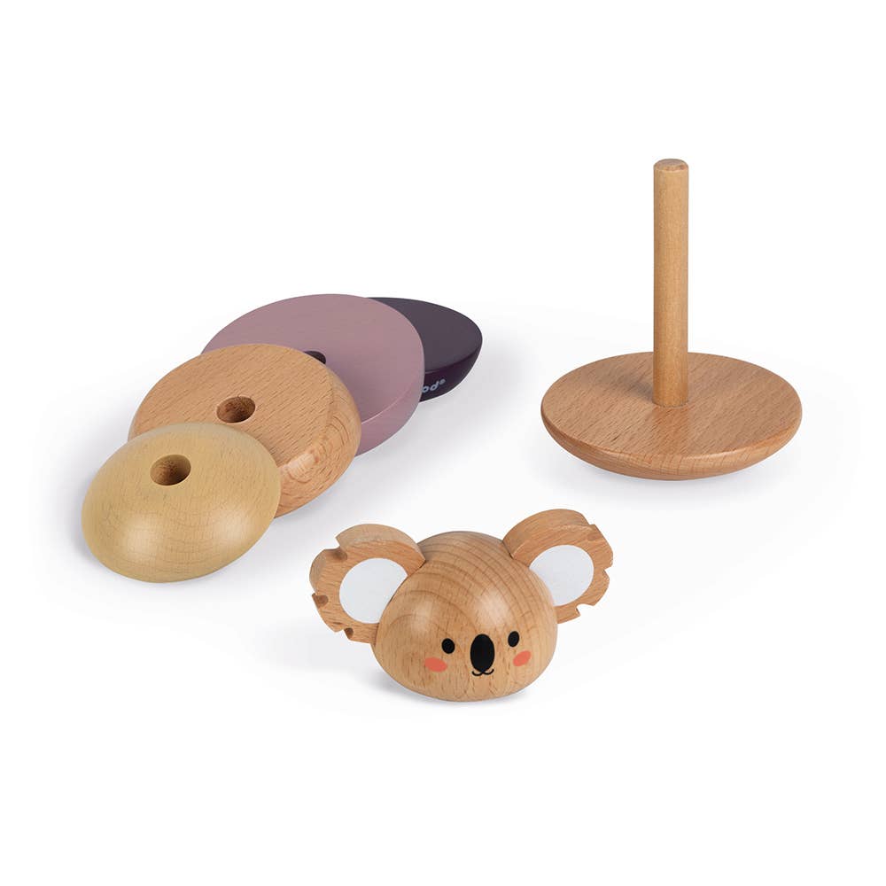 Wooden koala-shaped toy with a purple bottom and brown top on a white background