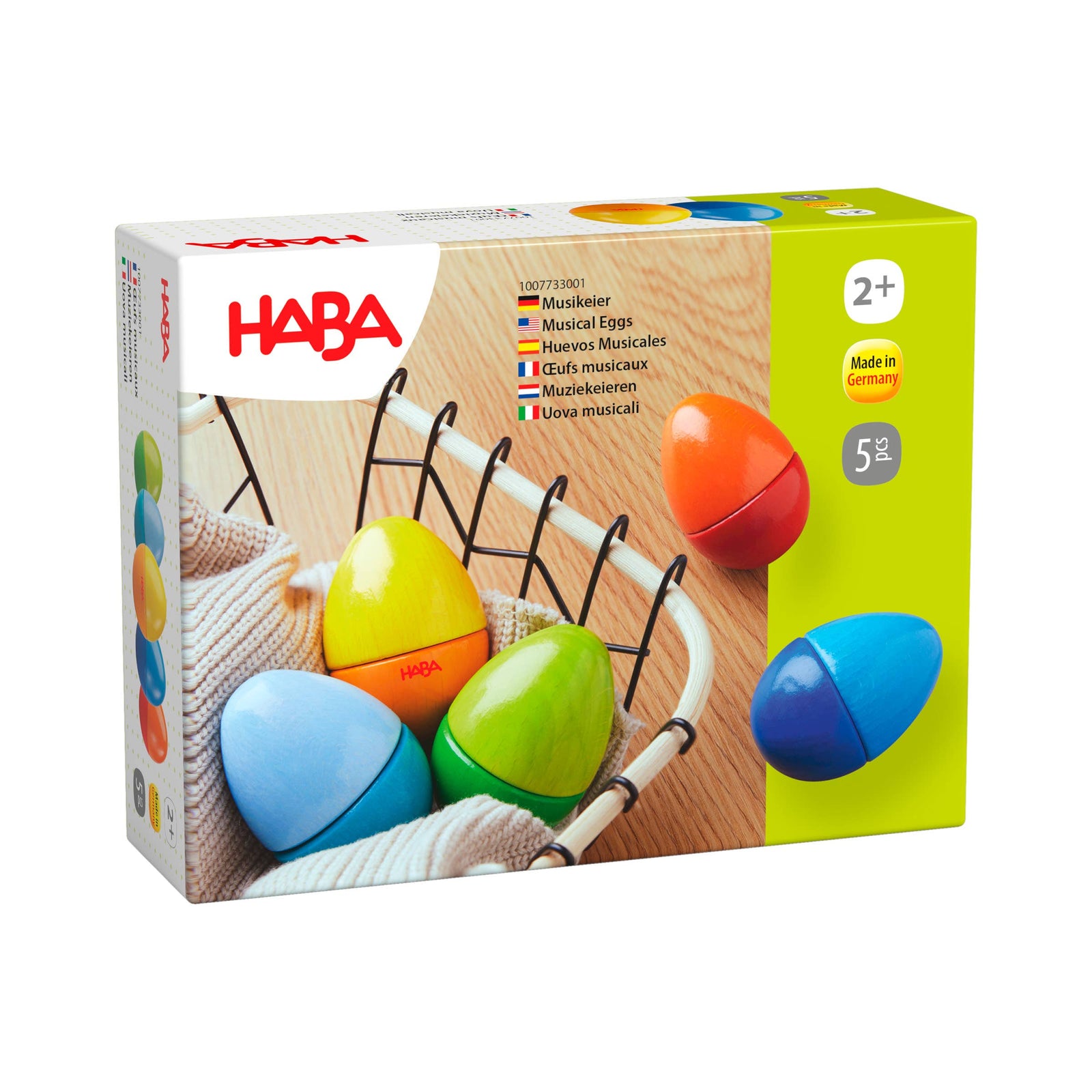 HABA musical eggs toy set packaging with colorful eggs and HABA branding.