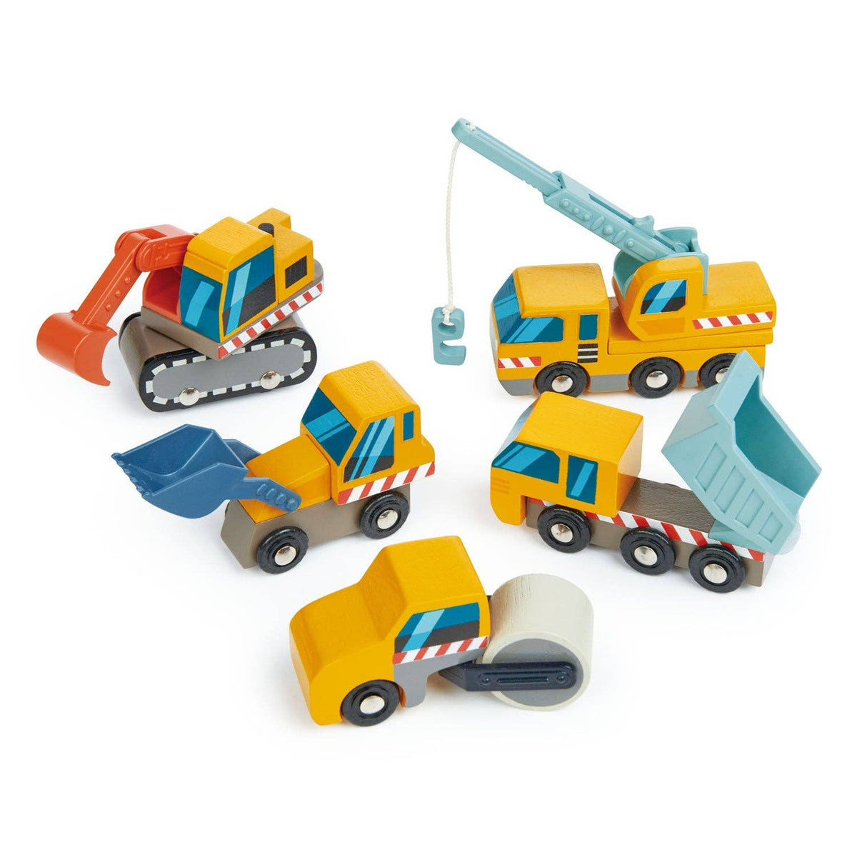 Set of toy construction vehicles on a white background
