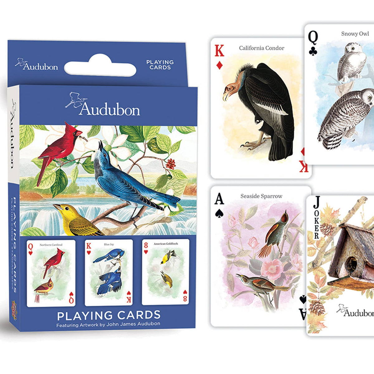 Audubon playing cards with bird illustrations and packaging