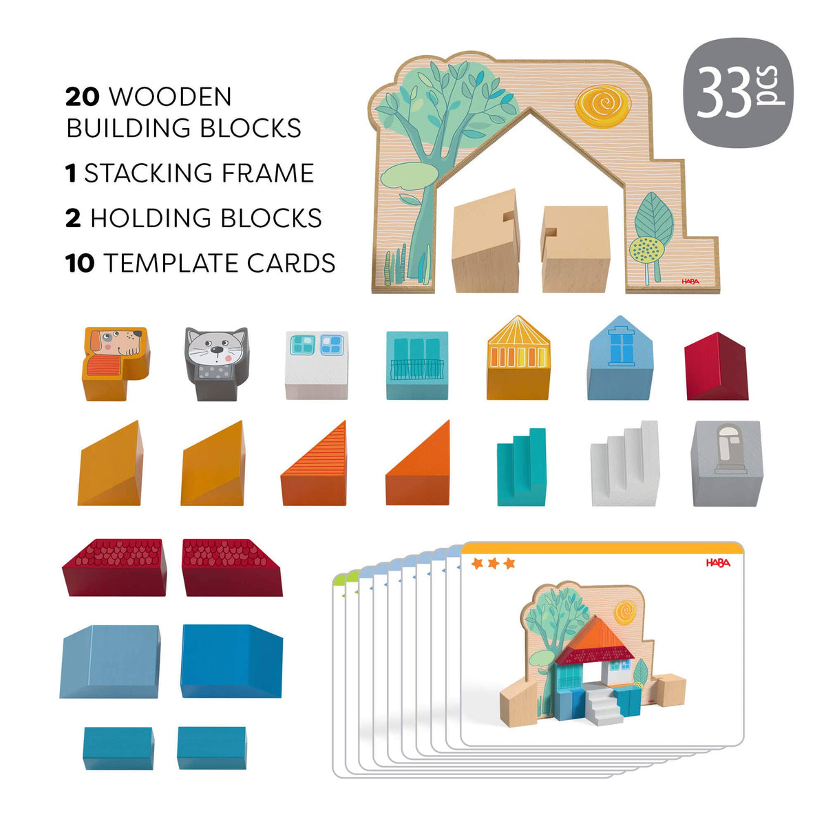 Wooden building blocks set with a stacking frame, holding blocks, and 10 template cards on a white background. The set includes various colored geometric blocks and a stack of cards showing example house designs.