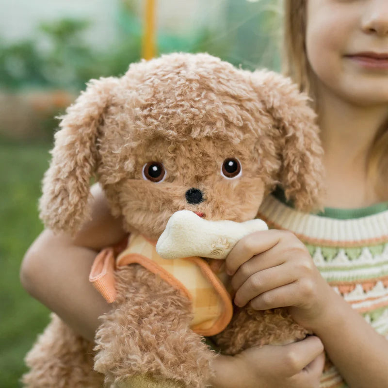 Child holding a plush dog with dog toy with a blurred green background