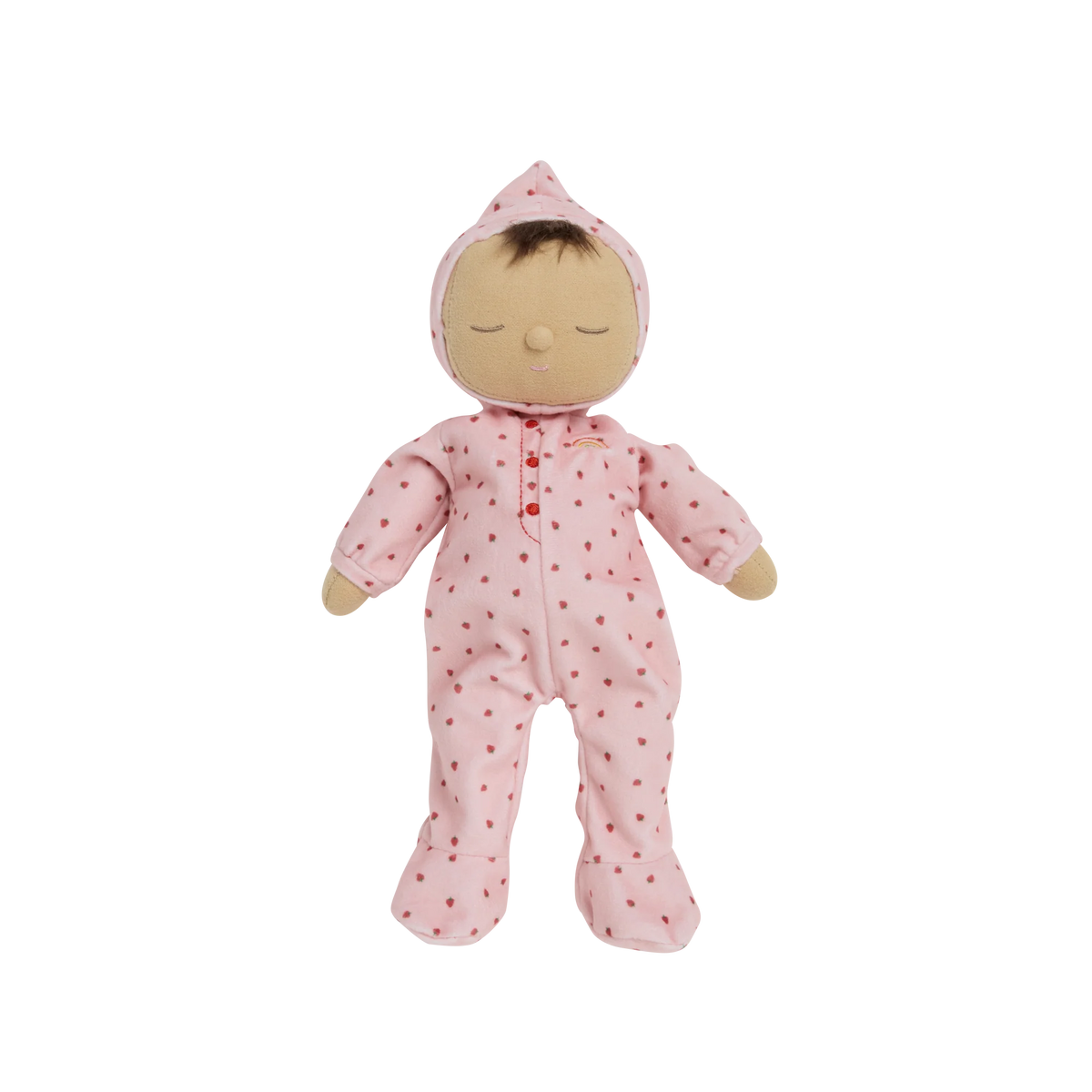 Baby doll in a pink outfit with red hearts on a white background