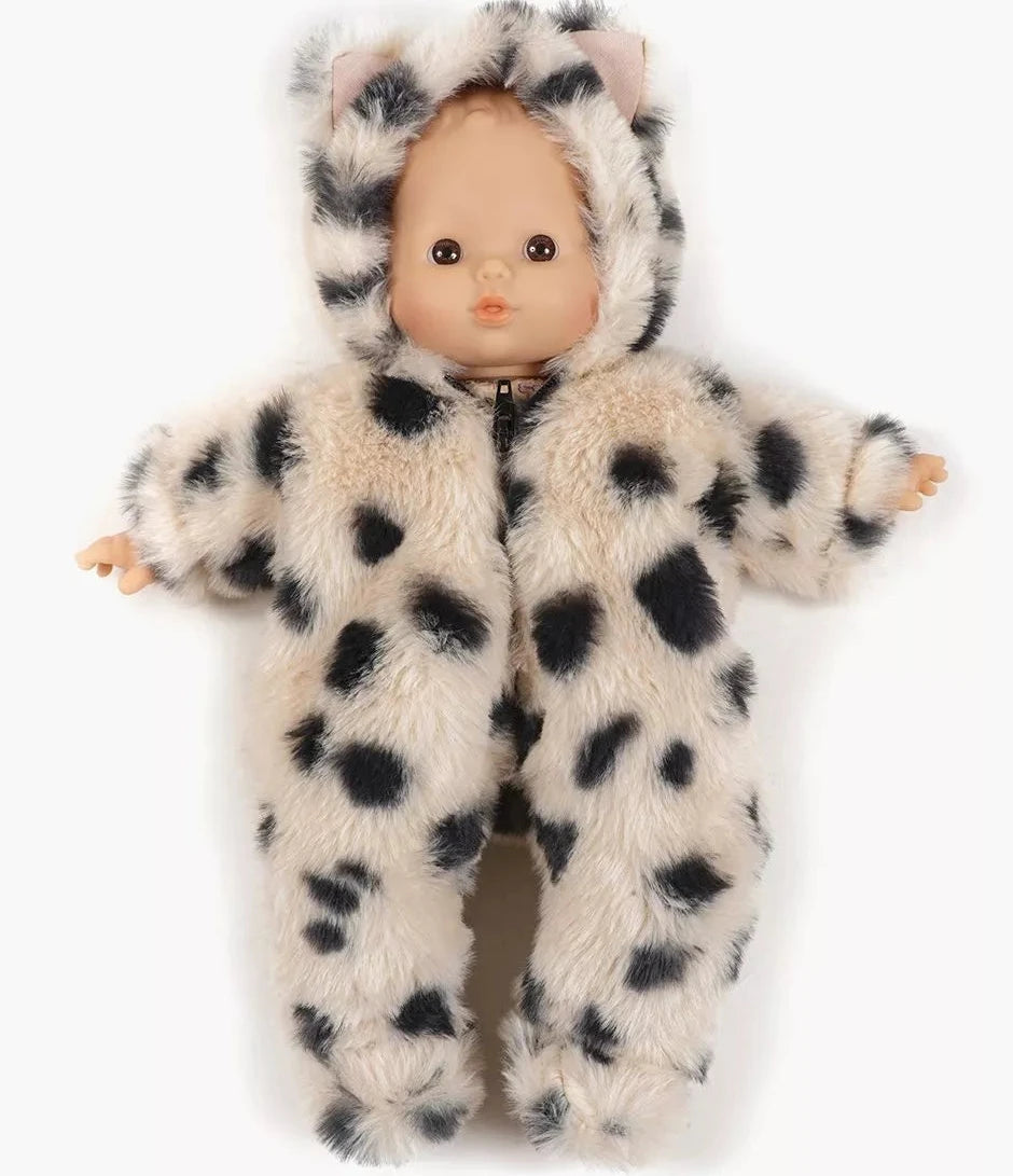 Baby doll wearing a fluffy leopard print onesie on a white background