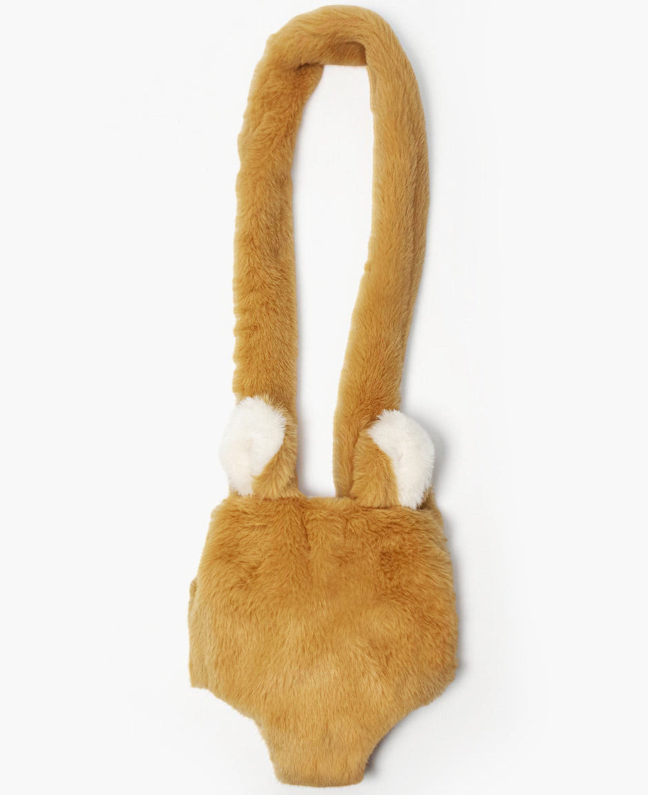 Brown plush doll carrier with long ears on a white background