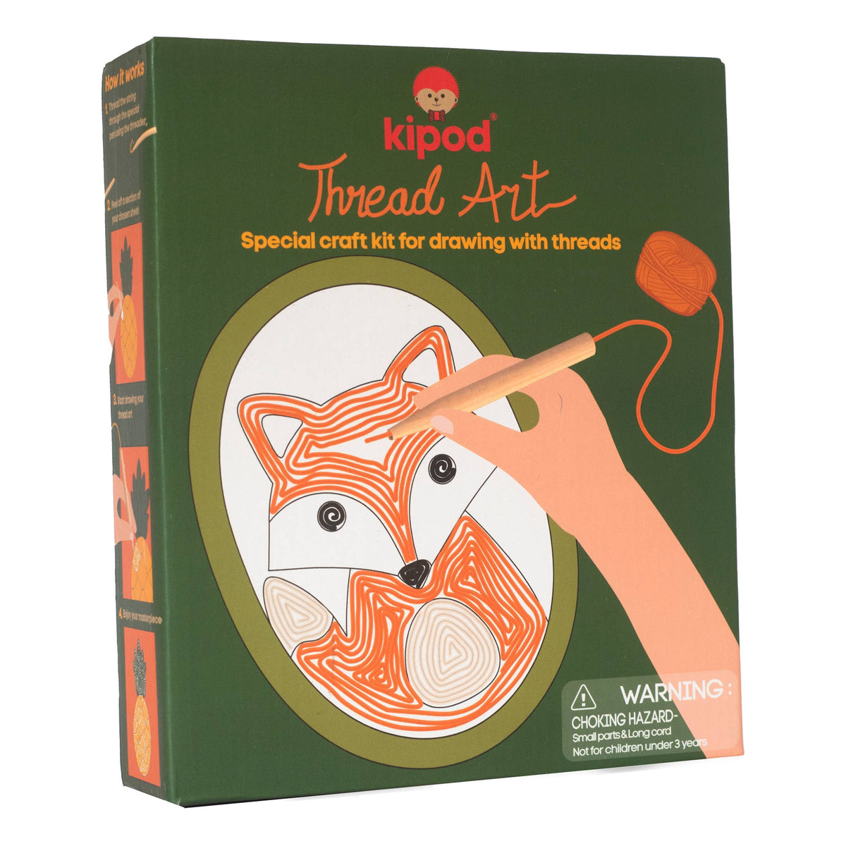 Kipod Thread Art craft kit packaging with a fox design and thread spool on a green background