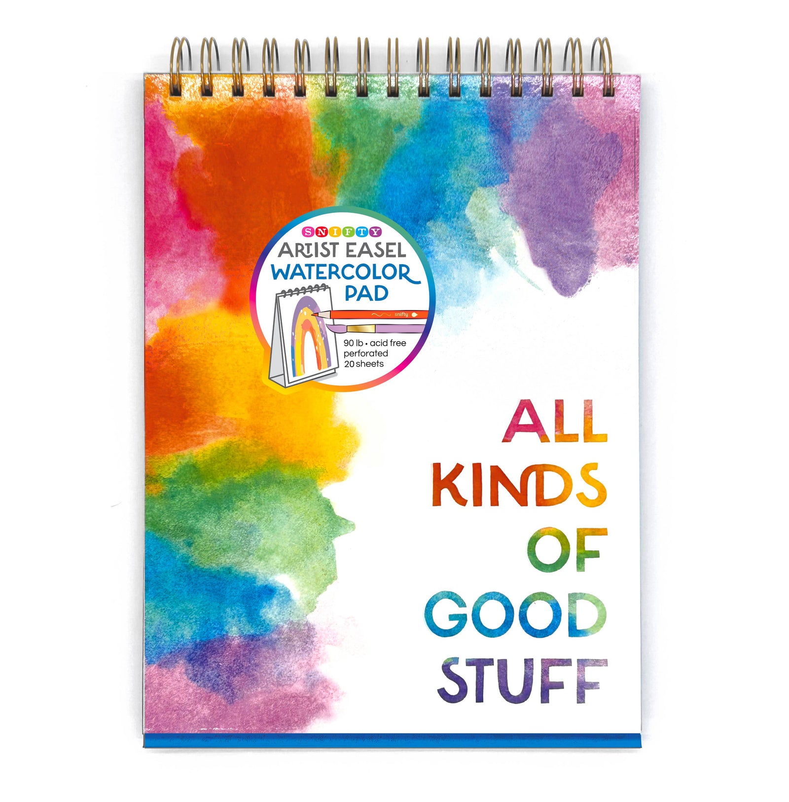 Colorful watercolor pad with 'Artist Easel' branding and text on a white background