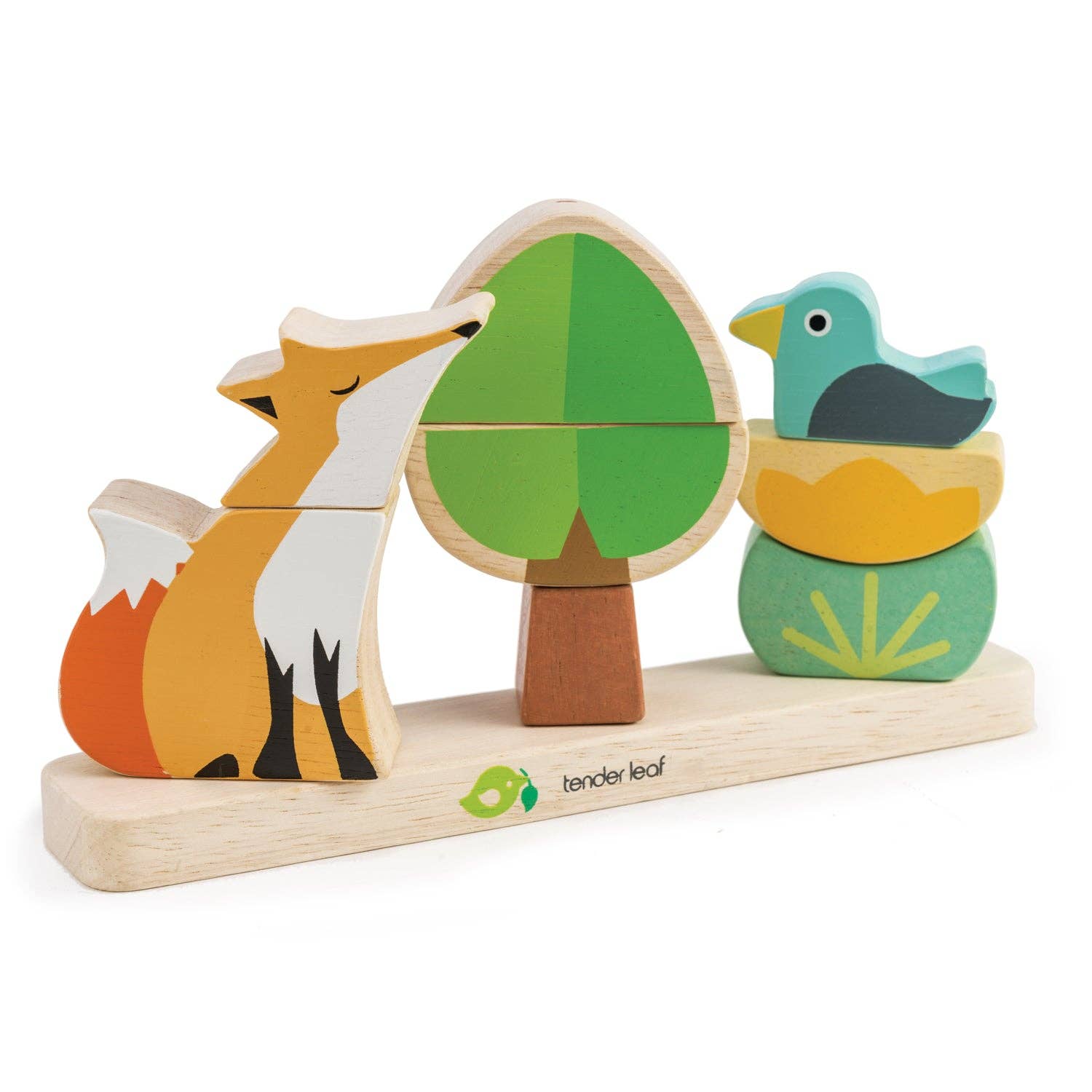 Wooden toy set with fox, tree, and bird on a white background