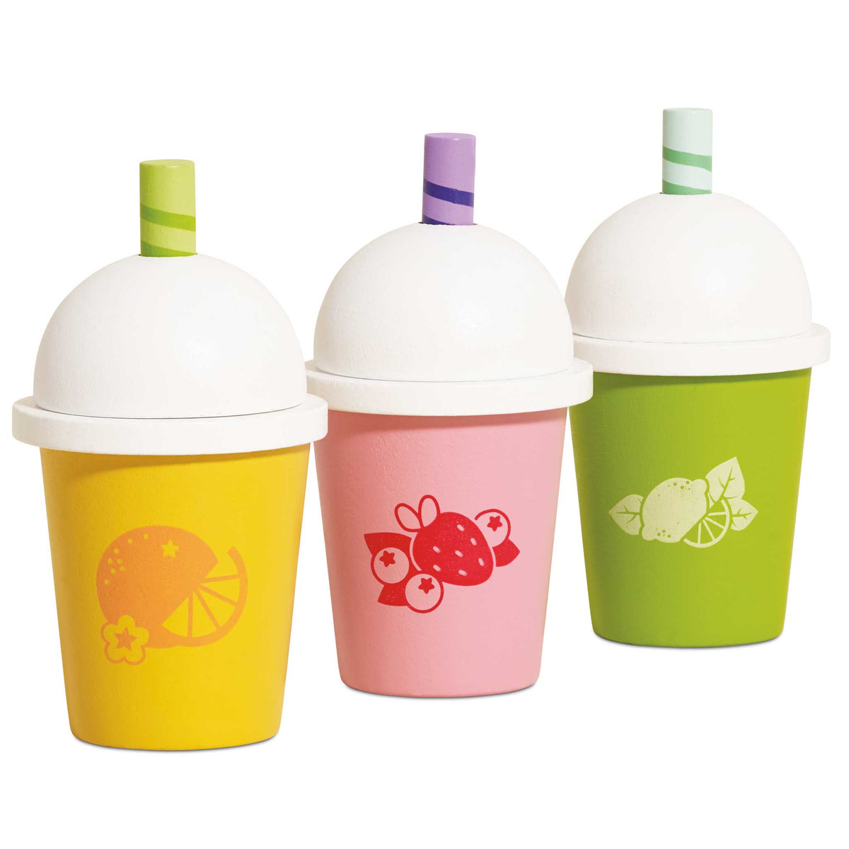 Three colorful cups with lids and straws on a white background