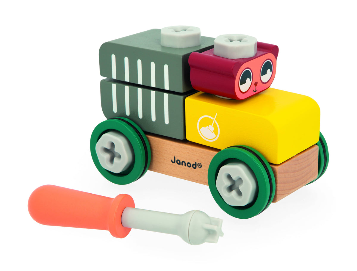 Colorful toy construction set with a screwdriver on a white background