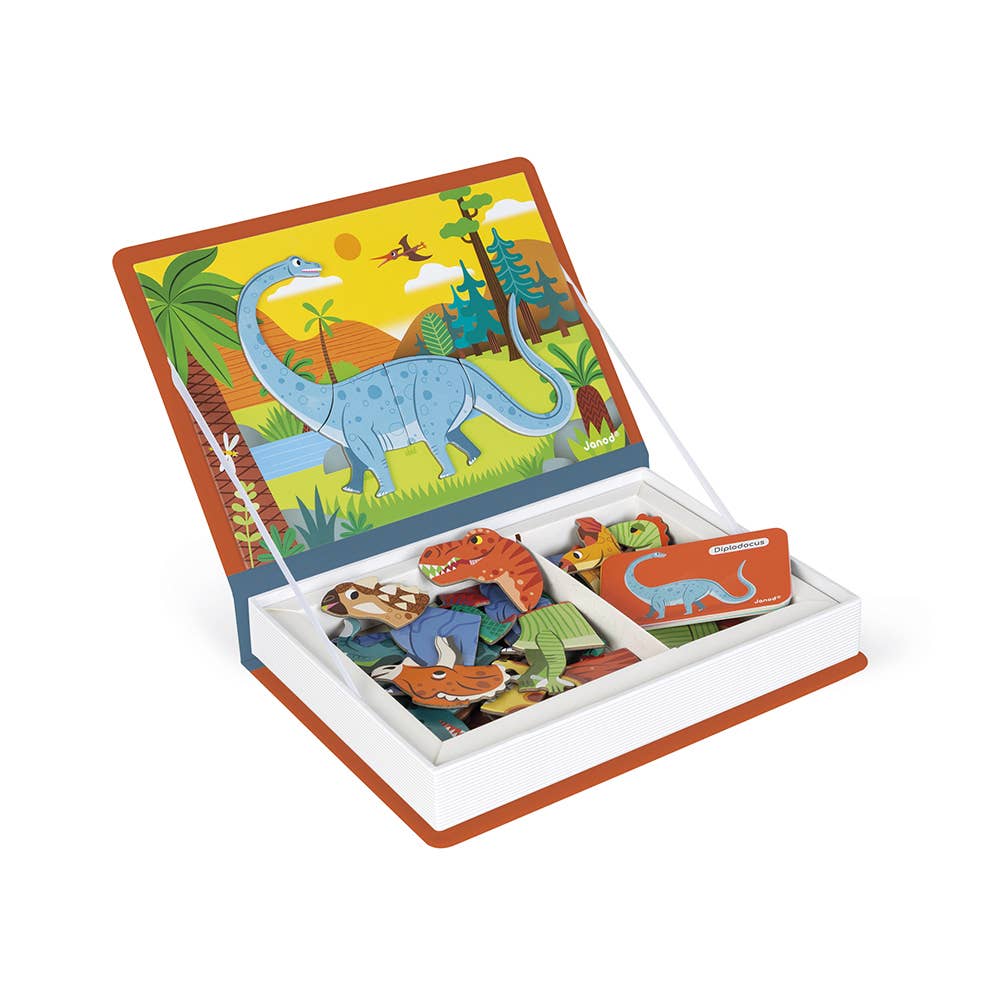 Children's dinosaur magnetic book with open pages and additional cards on a white background