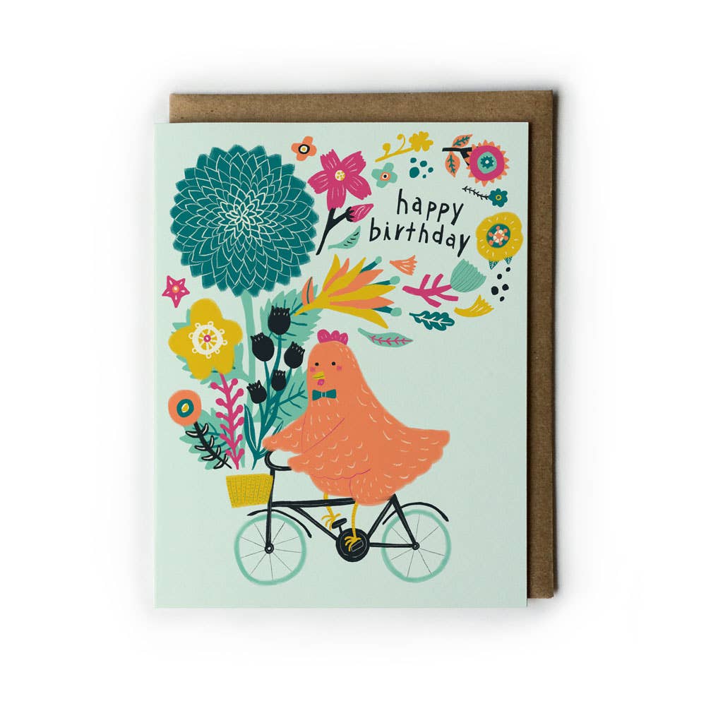 Birthday card with a chicken riding a bike and flowers, on a light green background.