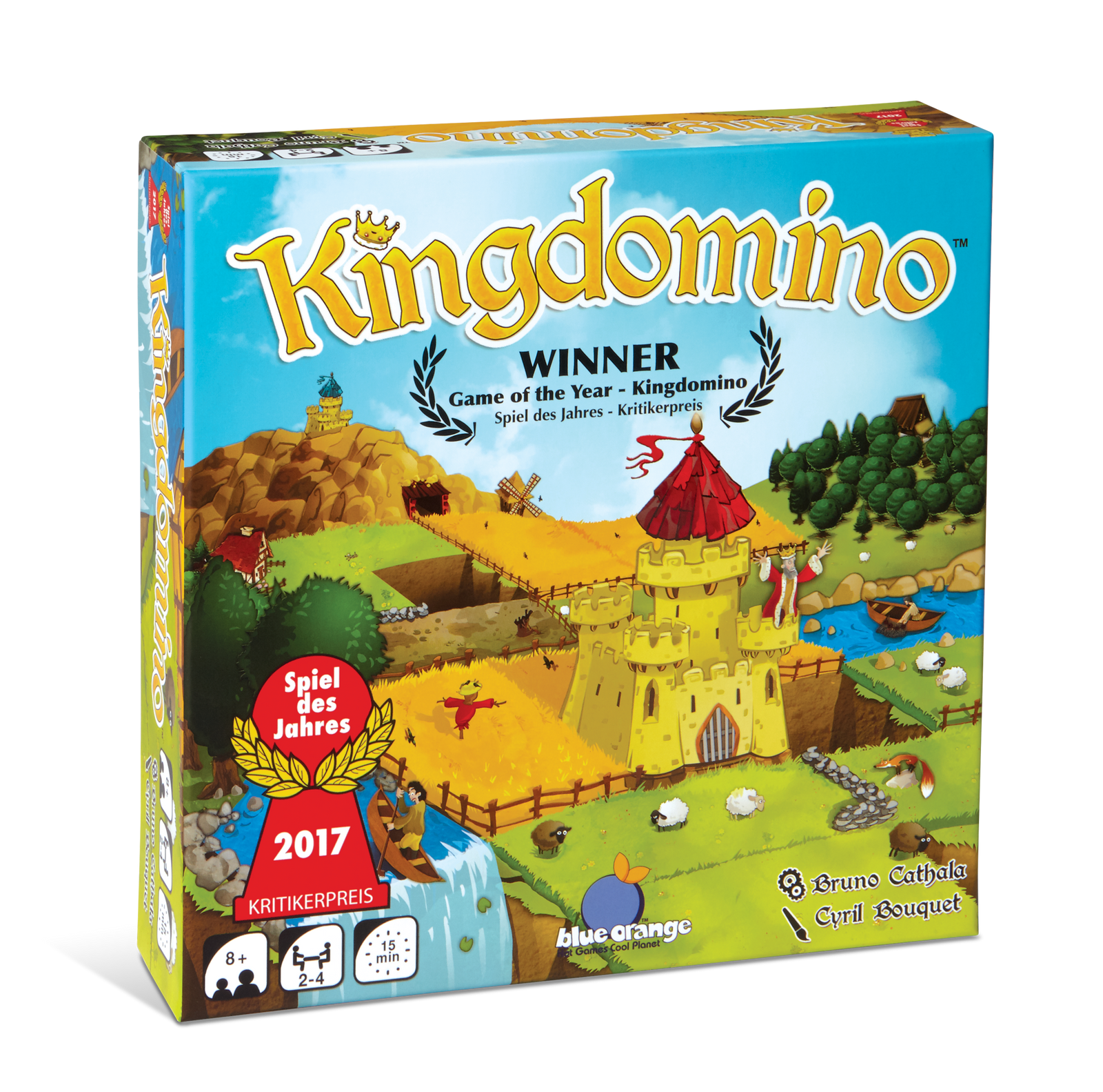 Board game box for 'Kingdomino' with colorful illustration and game details.