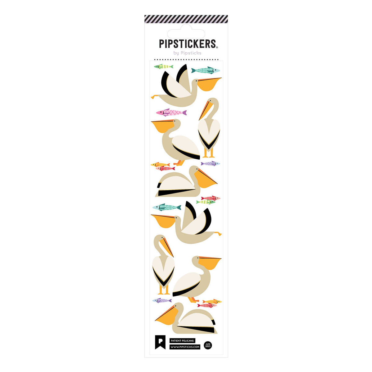 A sheet of Patient Pelicans PipStickers featuring various designs of pelicans with different accessories like glasses and hats, arranged in a pattern on a white background.