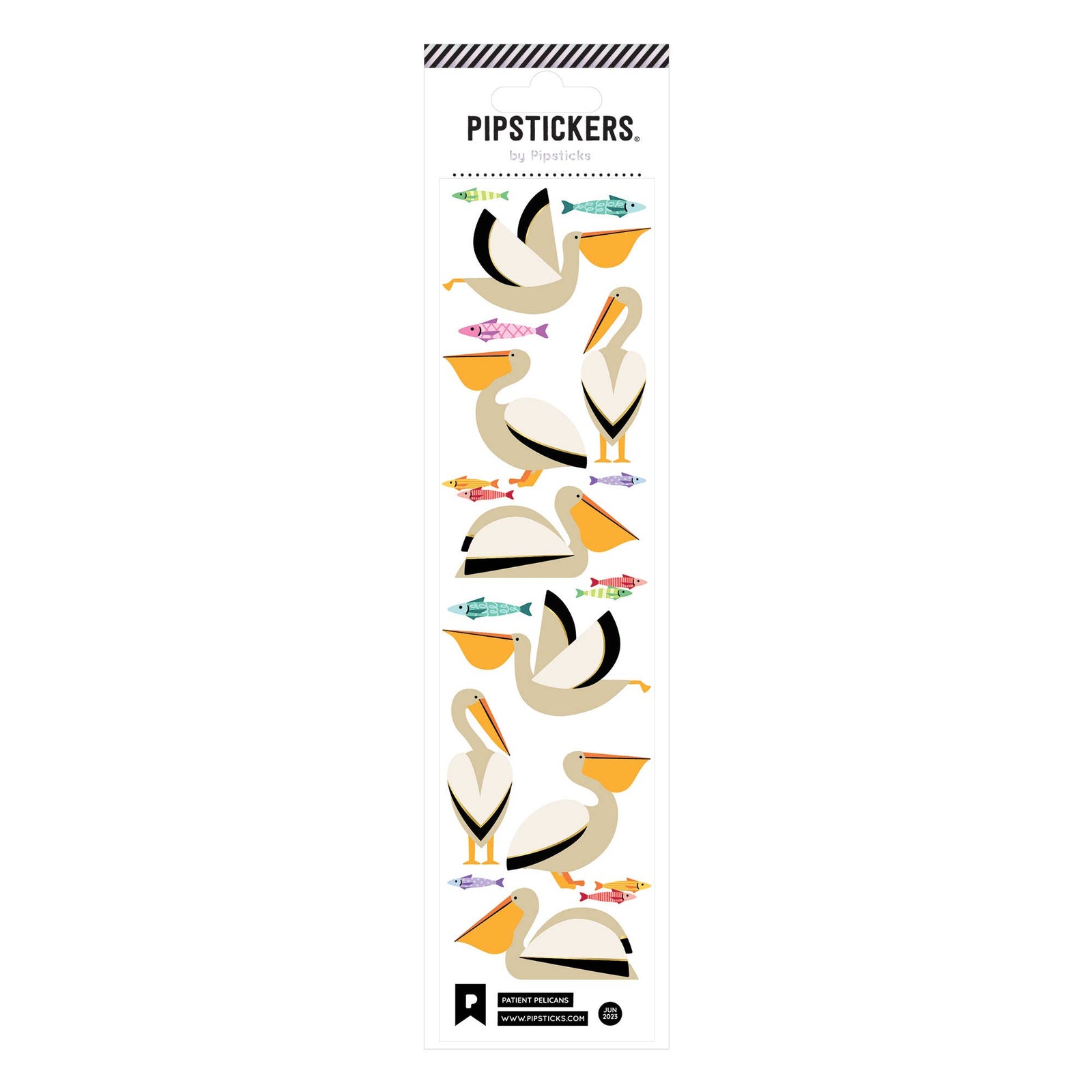 A sheet of Patient Pelicans PipStickers featuring various designs of pelicans with different accessories like glasses and hats, arranged in a pattern on a white background.