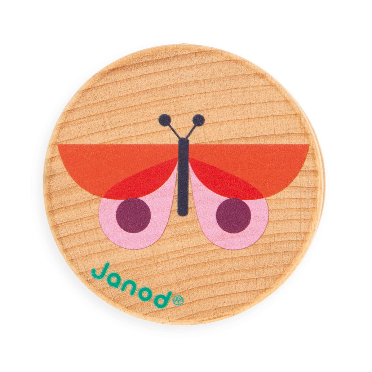 Wooden toy butterfly with red wings and pink body on a white background, featuring the Janod logo.