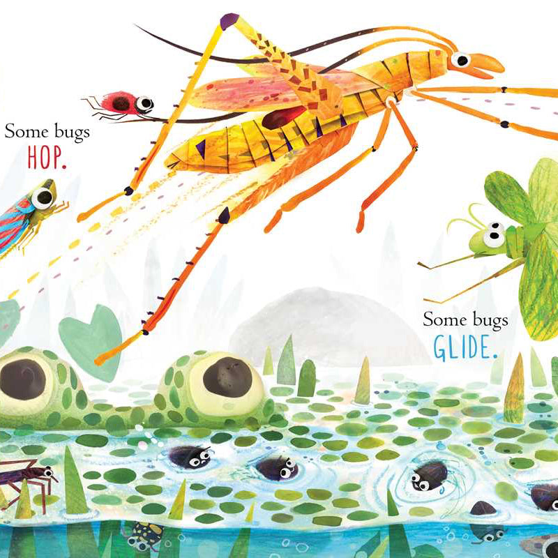 Illustration of various bugs with text describing their movement on a water surface.