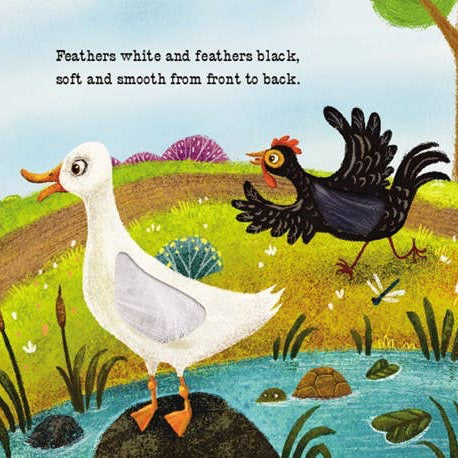 Illustration from a children's book with a blue truck, duck, and rooster by a pond.