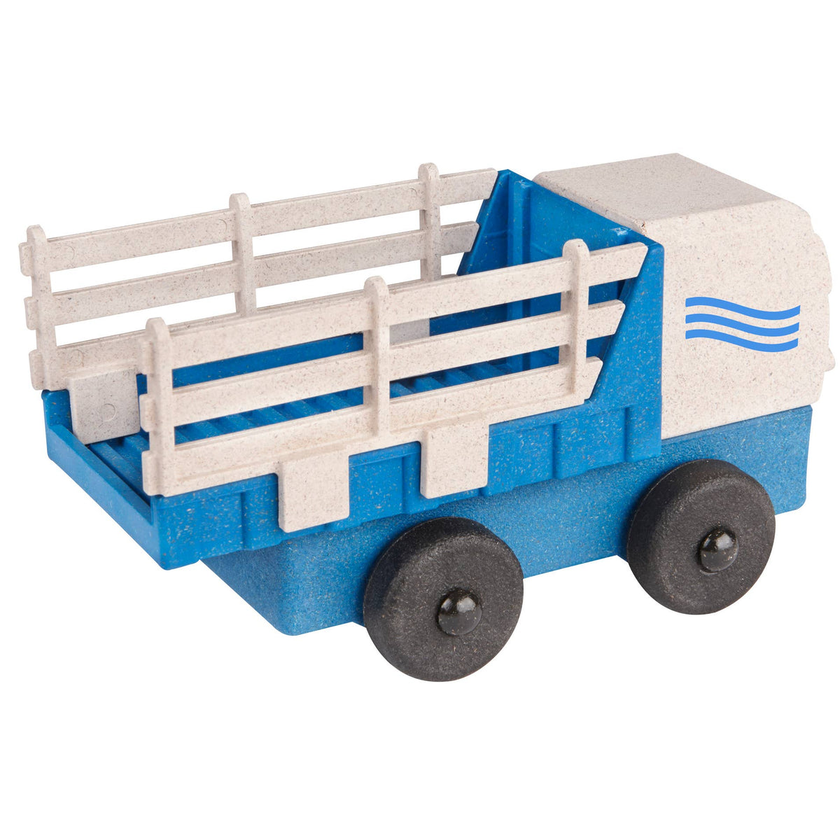 Toy truck with a blue body and white trailer on a white background