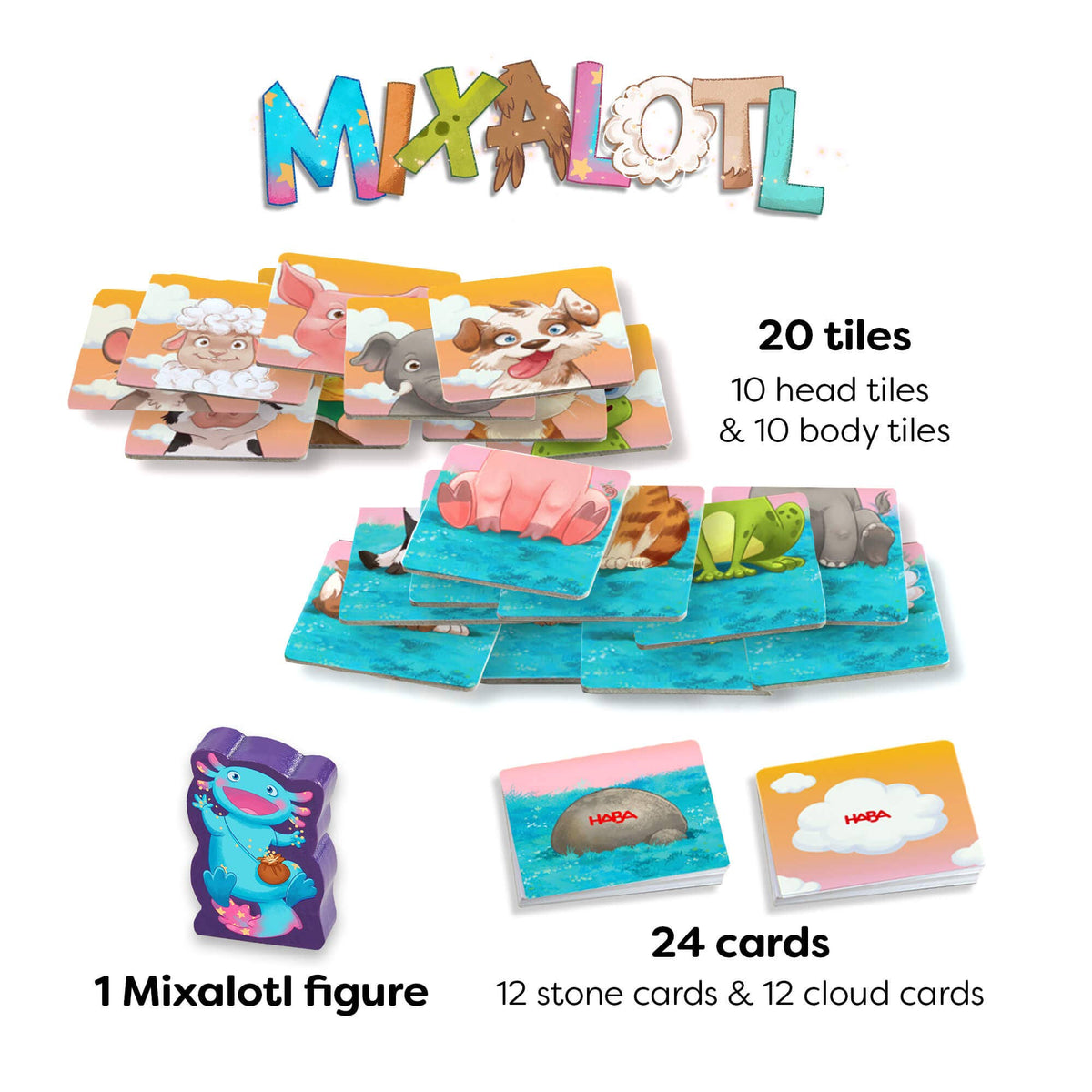 Mixalotl game components including tiles and cards on a white background