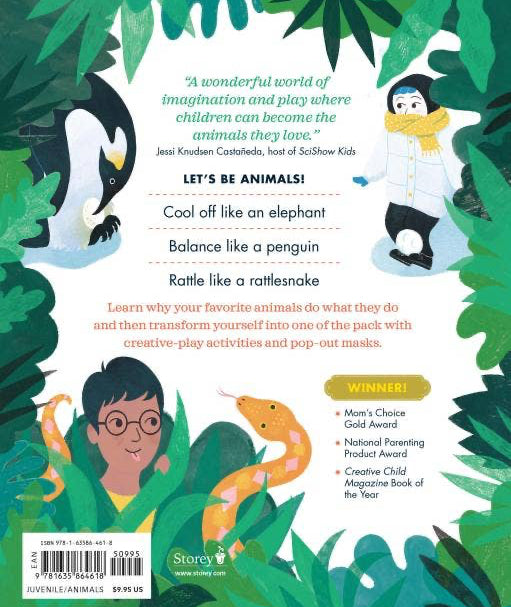 Book cover with penguin, elephant, and snake illustrations, surrounded by green foliage.
