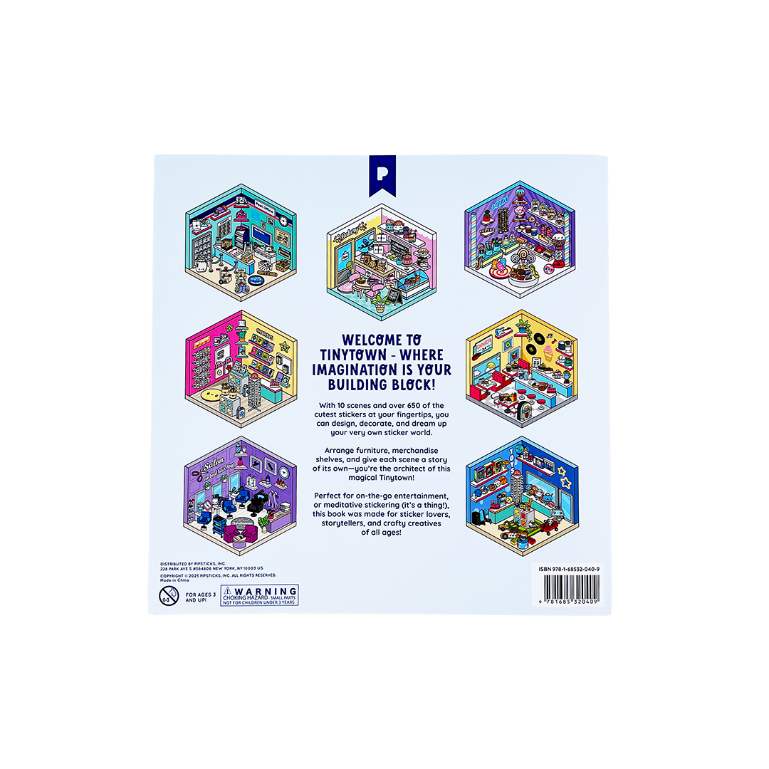 Back of a toy packaging with colorful illustrations of miniature town scenes and text.