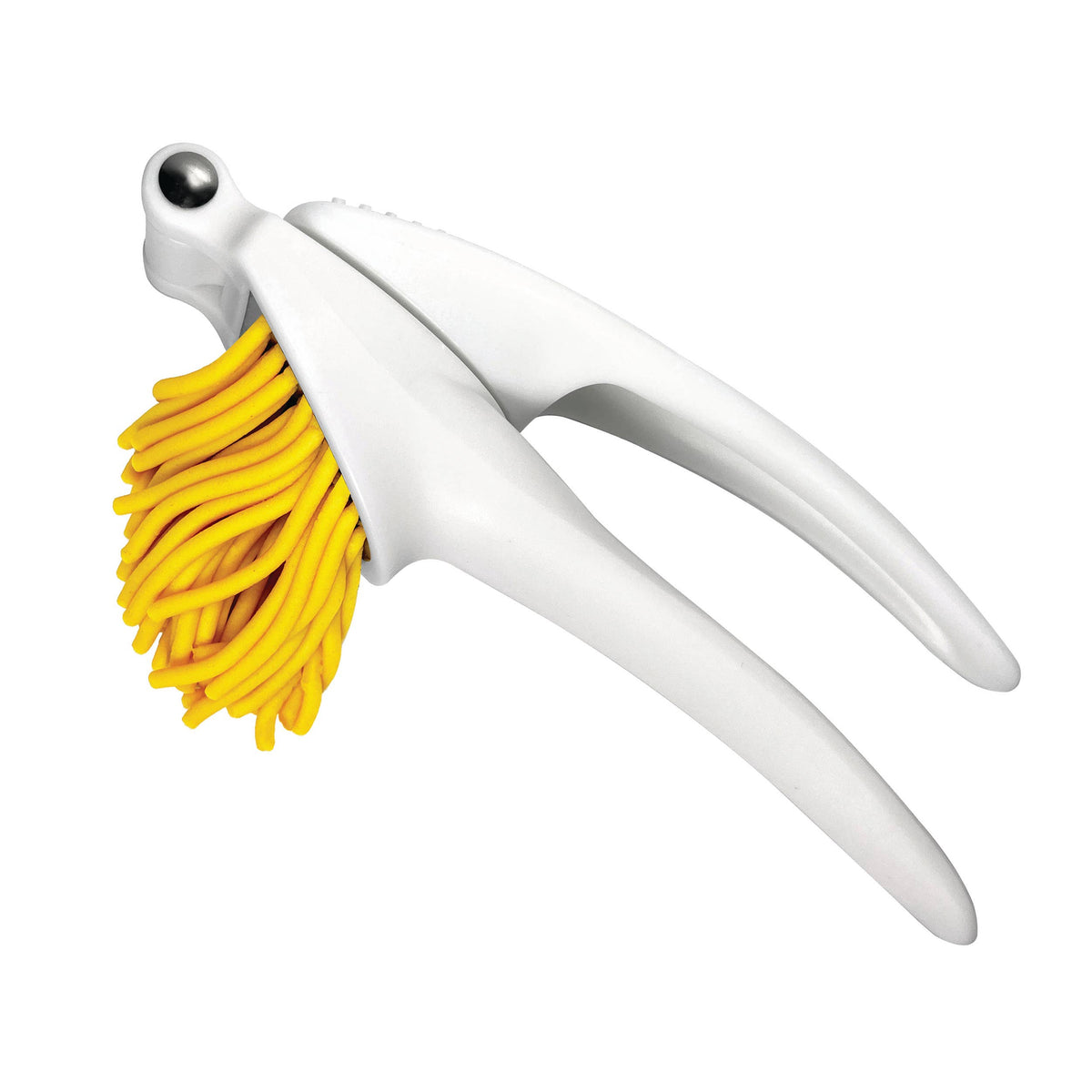 White dough  press with yellow rubber bulb on a white background