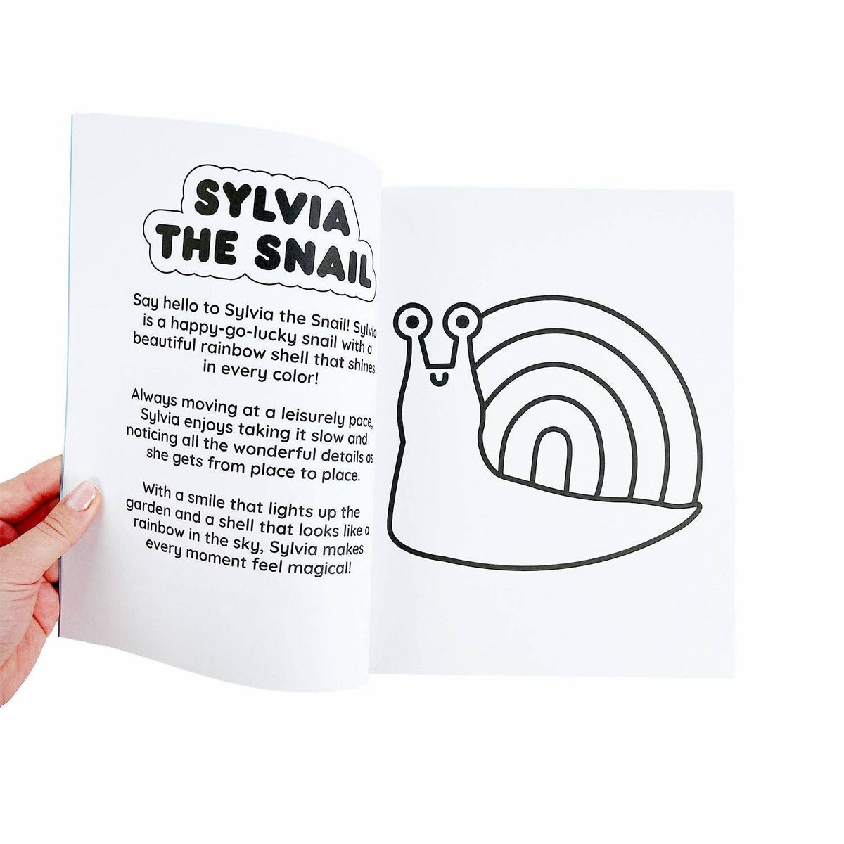 Book page with illustration of a snail and text about 'Sylvia the Snail' on a white background