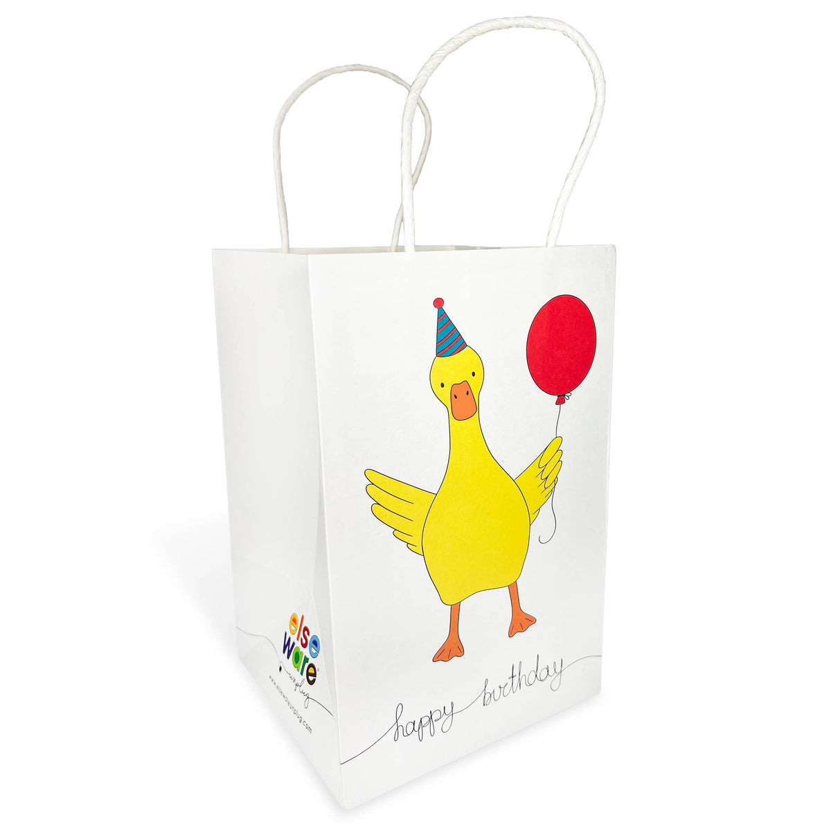 A white paper gift bag with white twisted paper handles, featuring a cartoon yellow duck wearing a blue party hat and holding a red balloon, with 'happy birthday' written in black script on the front.