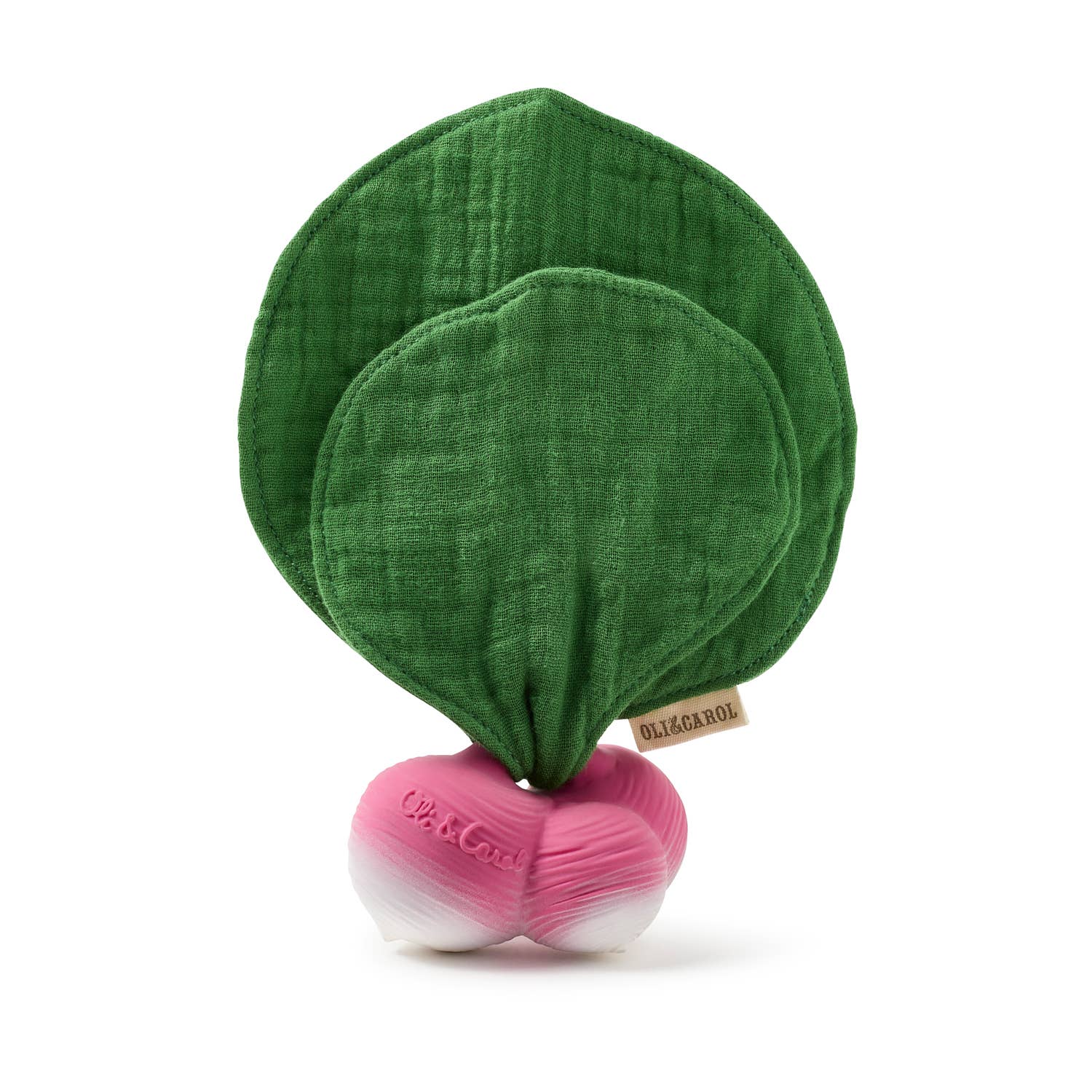 Green leaf-shaped toy with a pink base on a white background
