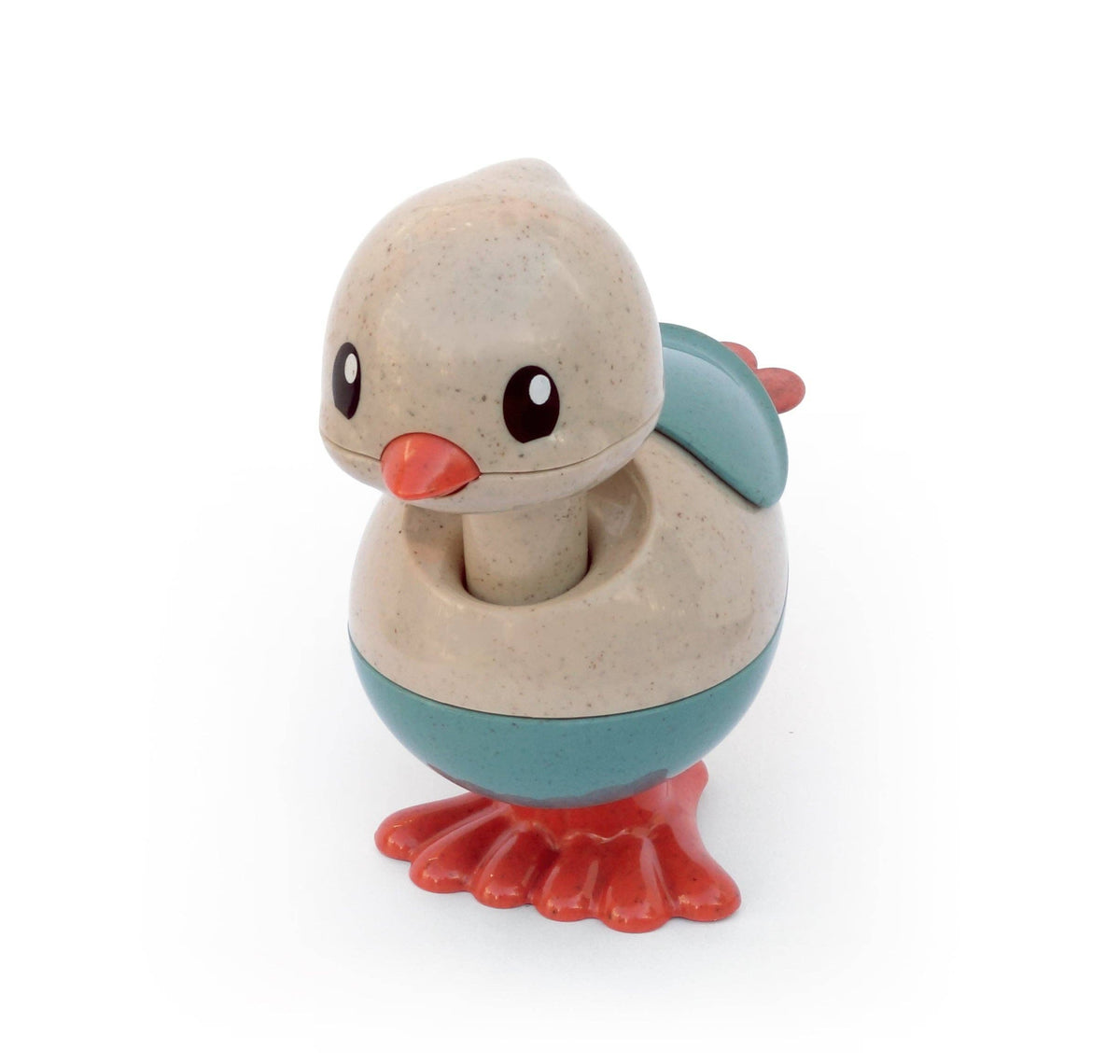 Toy chicken with a blue body and red feet on a white background
