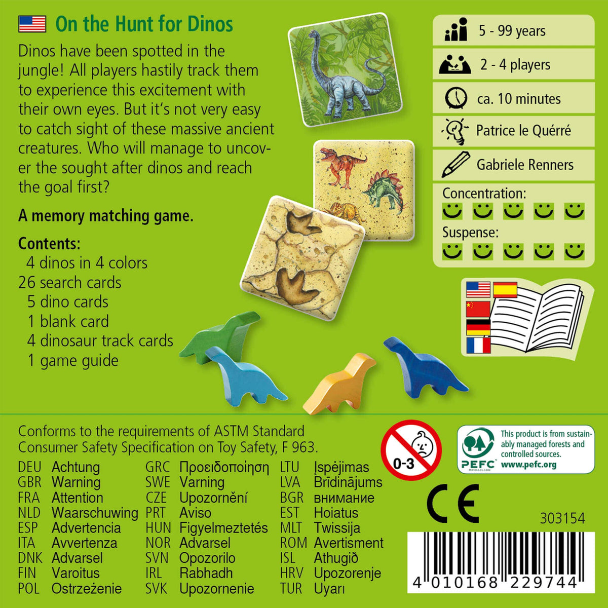 Back of a dinosaur-themed memory matching game packaging with text and graphics.