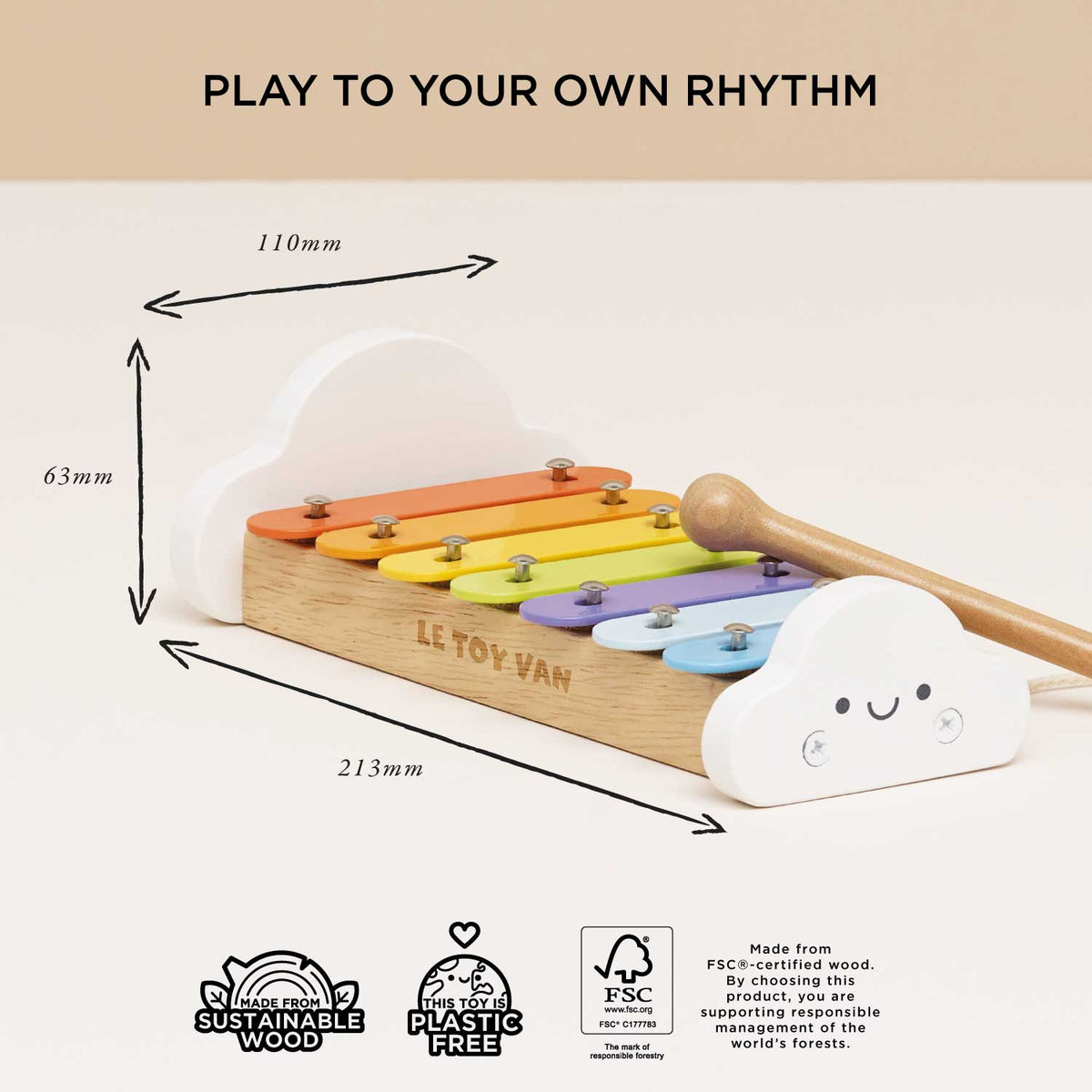 Wooden xylophone with dimensions and branding on a white background