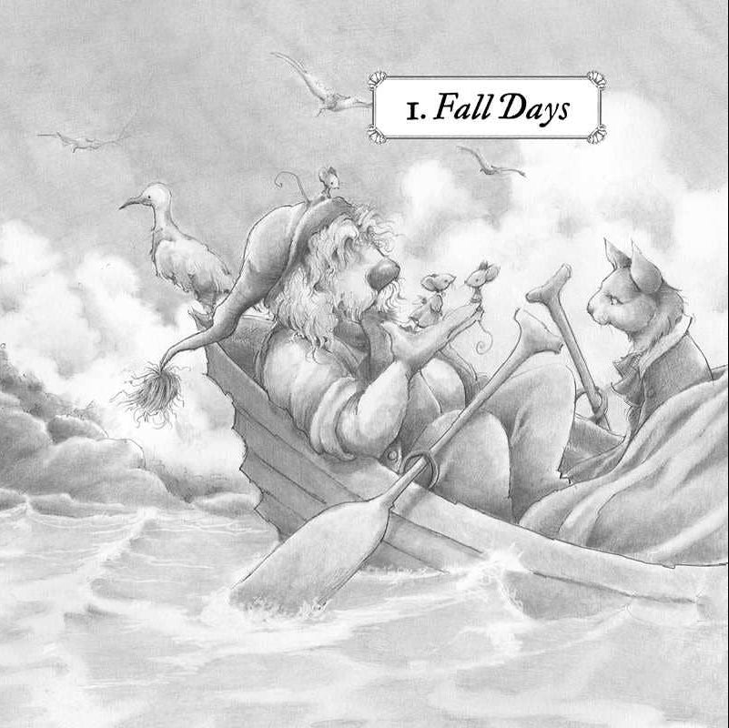 Illustration of two figures rowing a boat with a lighthouse in the background, labeled 'I. Fall Days'.