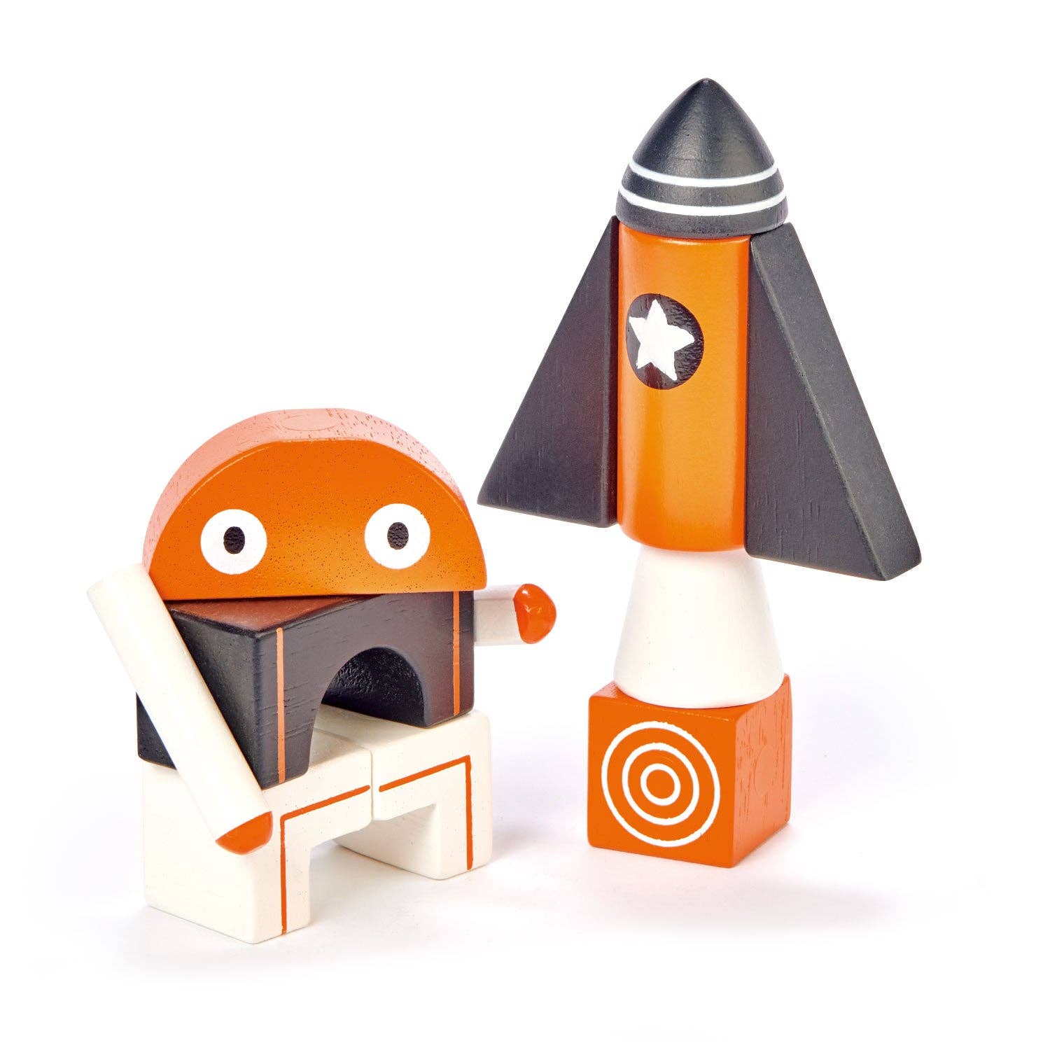 Wooden toy rocket and space shuttle on a white background