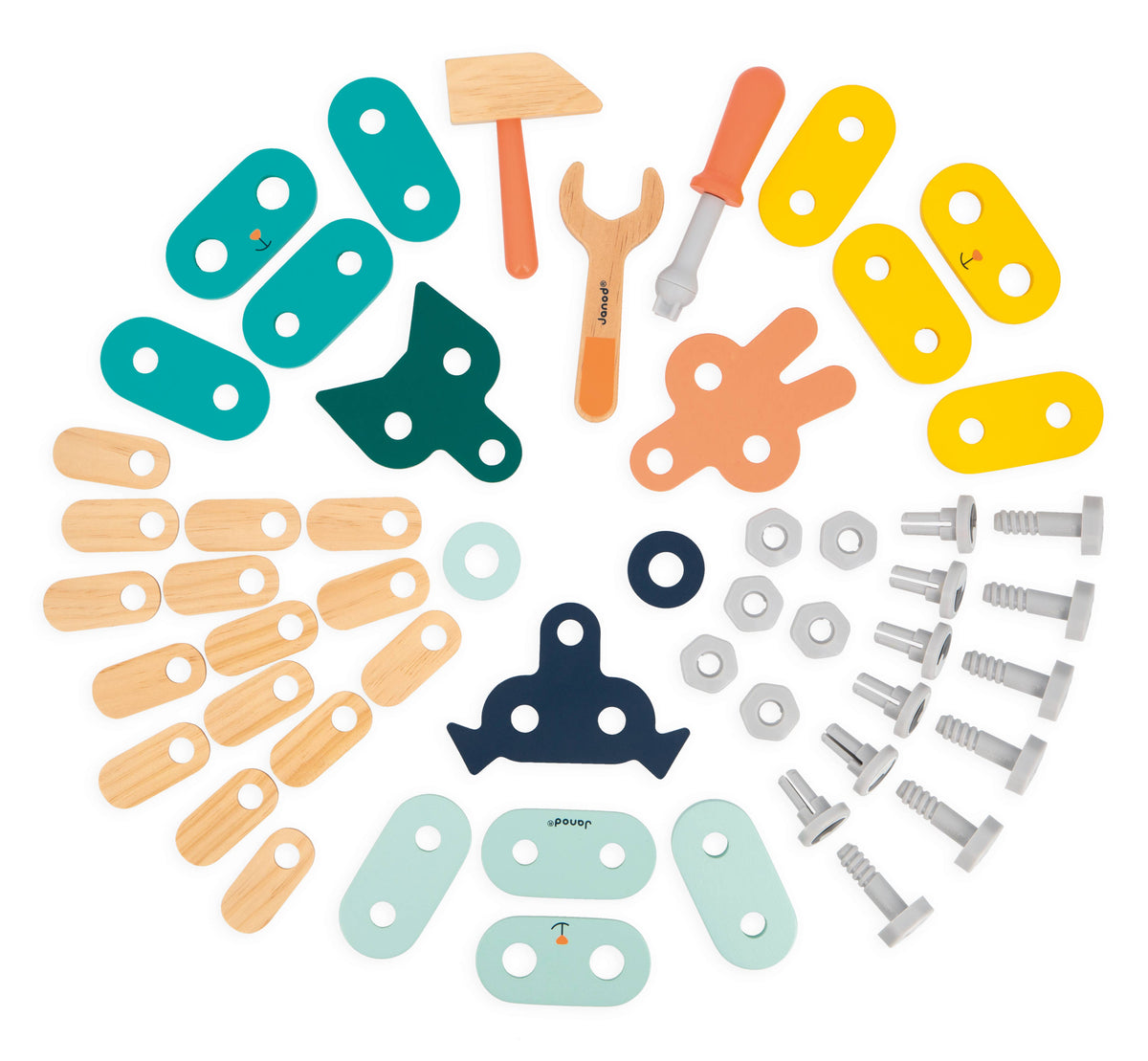Colorful toy tool set with various tools and attachments on a white background