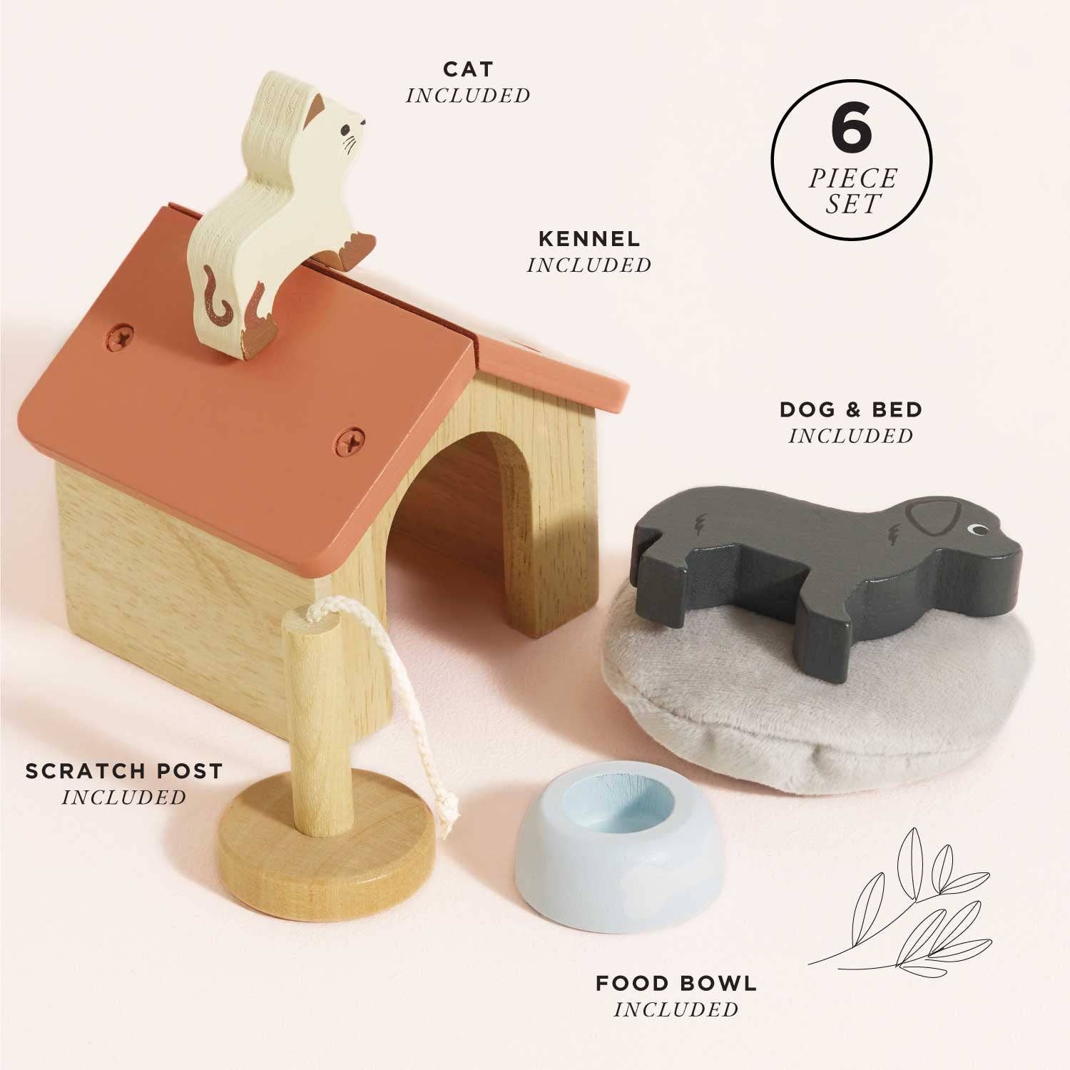 Wooden toy set with a dog, cat, and doghouse on a white background
