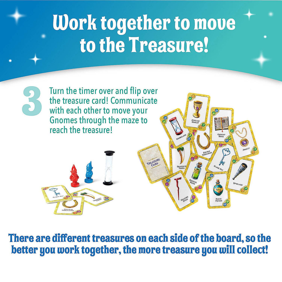 A product instruction graphic for a children's treasure hunt game. The graphic features a white background with a teal header and footer, containing instructions on how to play, a pile of illustrated game cards, and small game pieces (red, blue, and black gnomes).