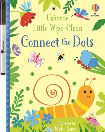 Usborne Little Wipe-Clean Connect the Dots children's activity book cover, featuring a bright yellow background with colorful illustrated flowers, butterflies, bees, a snail, and a marker on the left side.