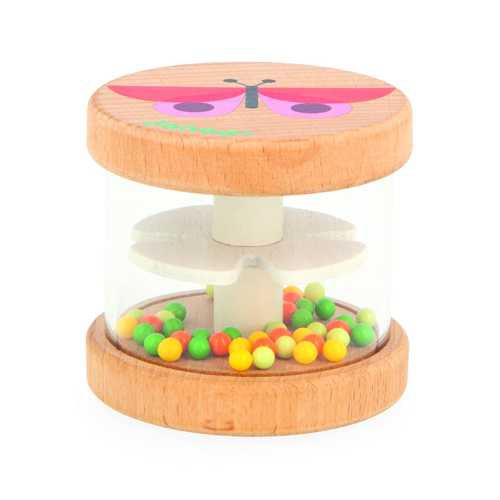 Wooden toy with colorful beads and butterfly design on a white background