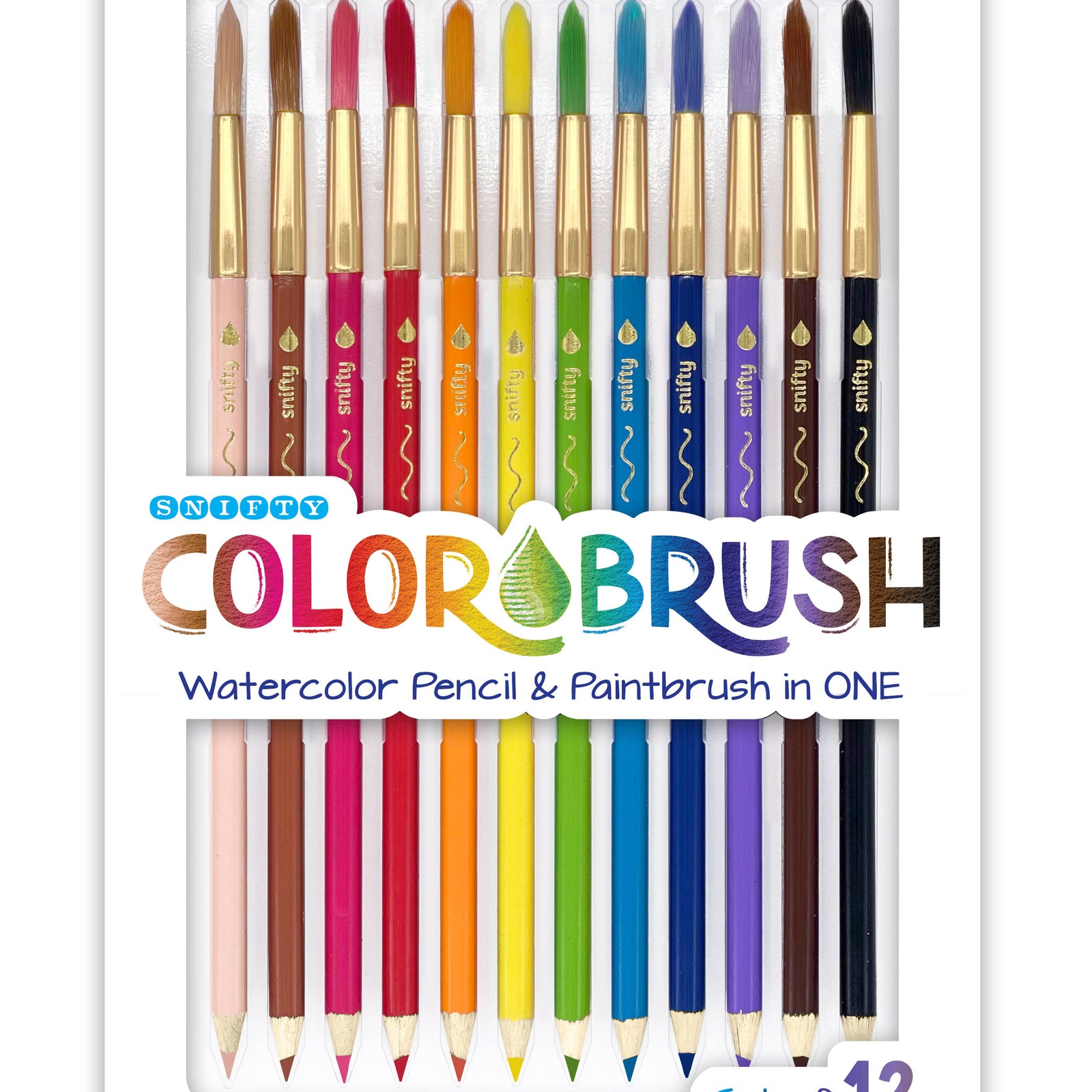 Set of 12 Colorbrush watercolor pencils and paintbrushes in a packaging on a white background