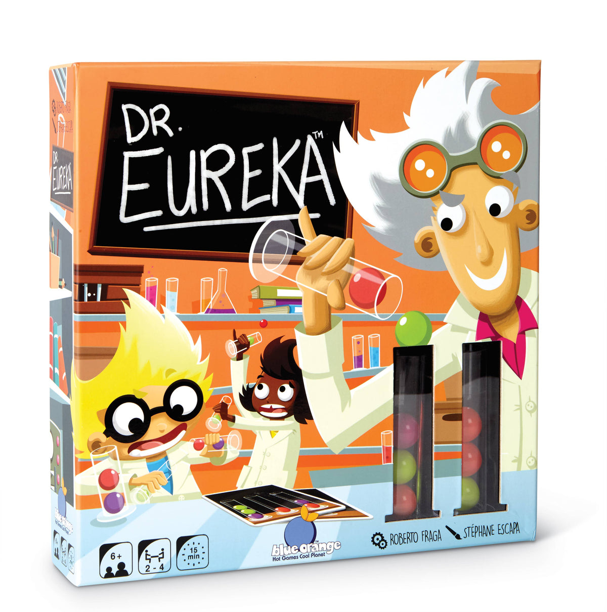 Board game box for 'Dr. Eureka' with a scientist character and colorful design.